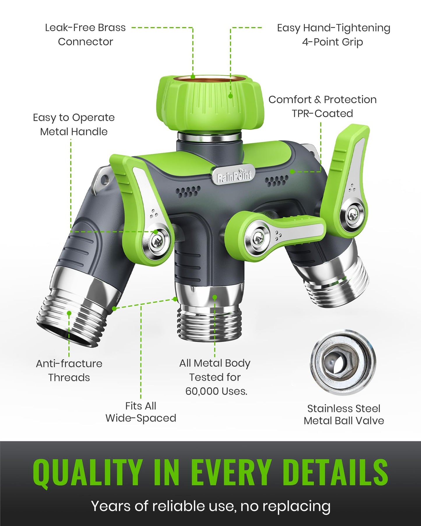 RAINPOINT 3 Way Hose Splitter, 100% Metal Heavy Duty Garden Hose Splitter With 1.9" Extra Long Handle & Individual Shut Off, 3/4 Inch GHT Thread Water Hose Connector For Outdoor Spigot Faucet (Green)