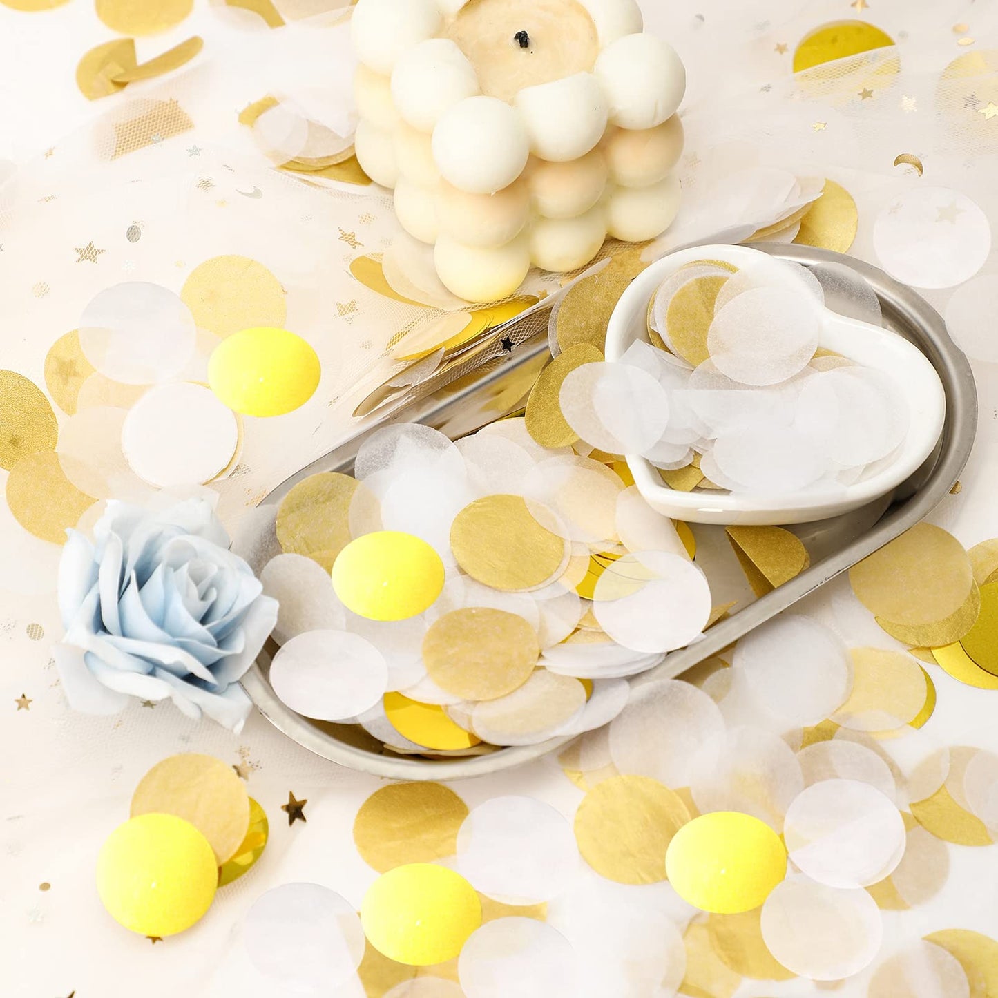 TecUnite White Gold Confetti Round Tissue Paper Table Confetti Dots for Wedding Birthday Party Decoration Arts Craft DIY Scrapbooking, 1.76 oz (2.5 cm)