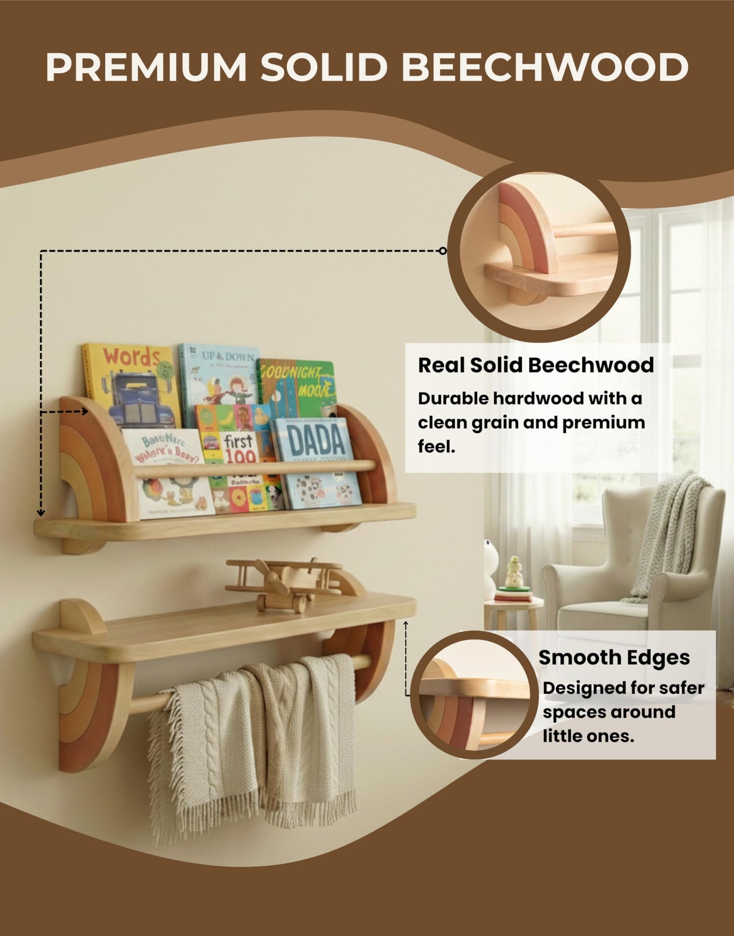 KitzeyBee Nursery Book Shelves Set of 2 - Solid Beech Wood Rainbow Floating Bookshelf for Kids Wall, Wall Mounted Toddler Bookshelf with Hanging Bar for Baby Room Decor, Holds 25 lbs (Pastel, 19.7in)