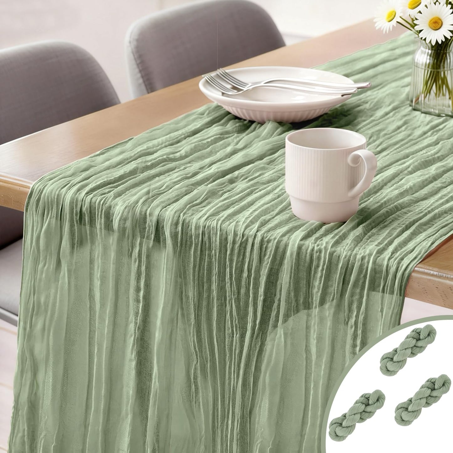 Booque Valley 3 Pack Sage Green Cheesecloth Table Runner 10ft Super Soft Boho Wrinkled Gauze Sheer Cloth for Baby Shower Baptism Birthday Party Wedding Centerpiece Table Decoration, 35x120 Inch
