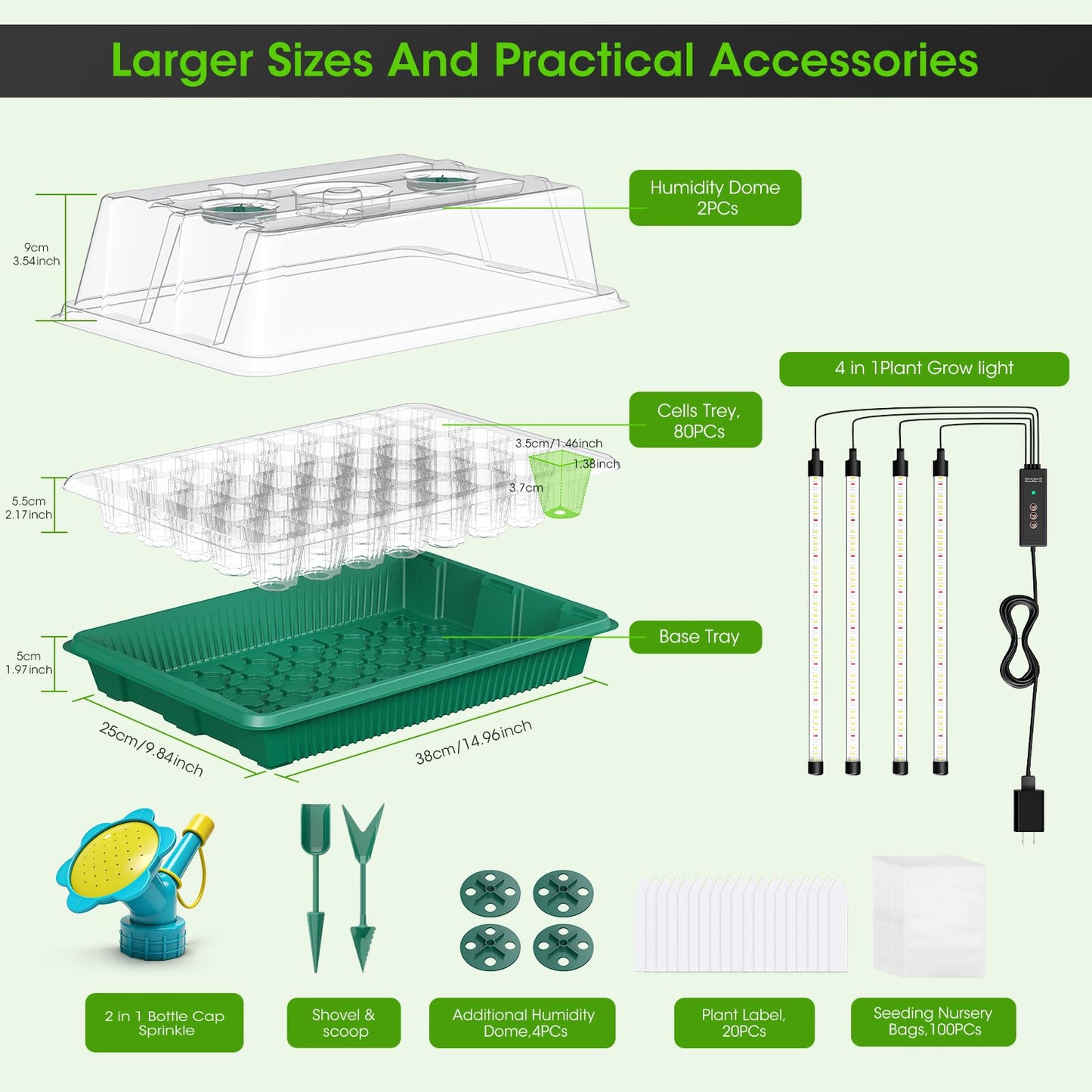 Seed Starter Tray with Grow Light, 2 Pack 80-Cell Seedling Starter Kit with Smart Timer & Humidity Dome, Indoor Plant Germination Kit with 100pcs Nursery Bags & 2-in-1 Sprinkler for Seed Starting