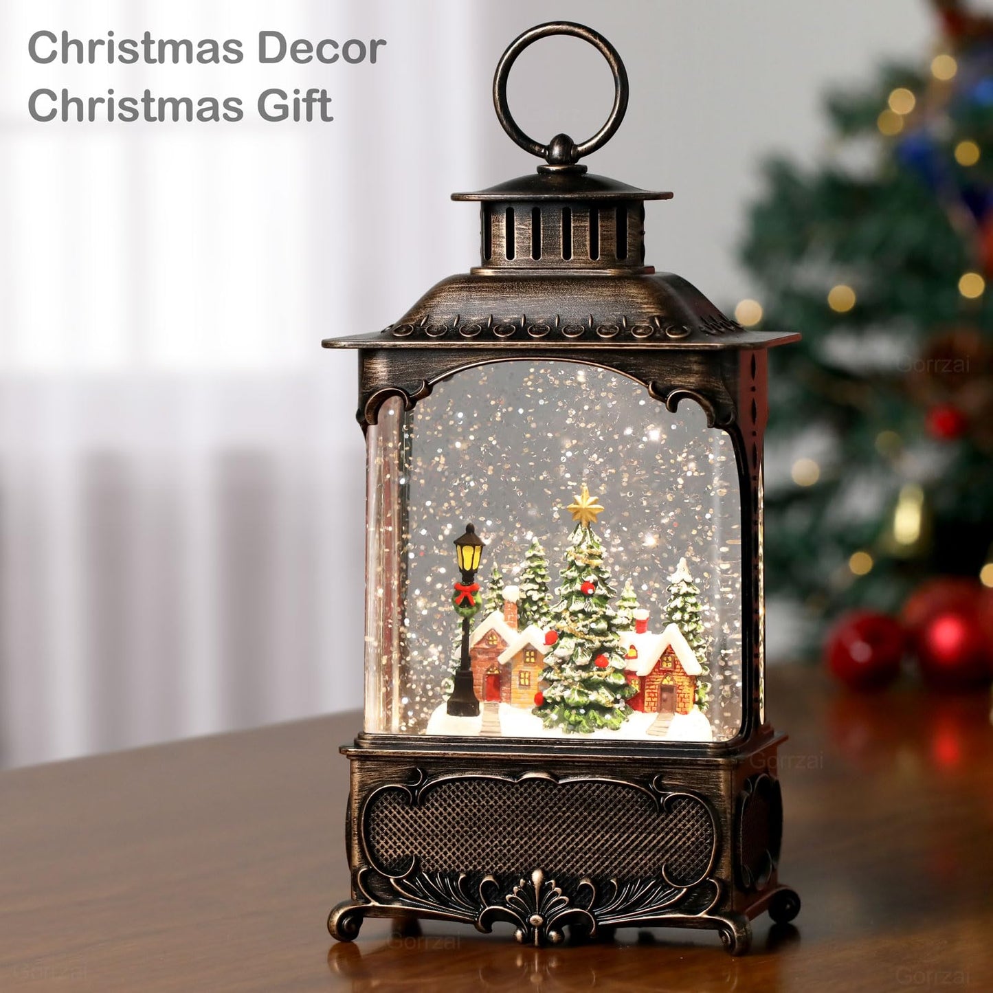 Gorrzai Christmas Snow Globe Lantern with Music Timer Swirling Glitter, Lighted Christmas Decorations Indoor Light Up Musical Lantern Holiday Decor Gift, Forest House Scene, USB or Battery Operated