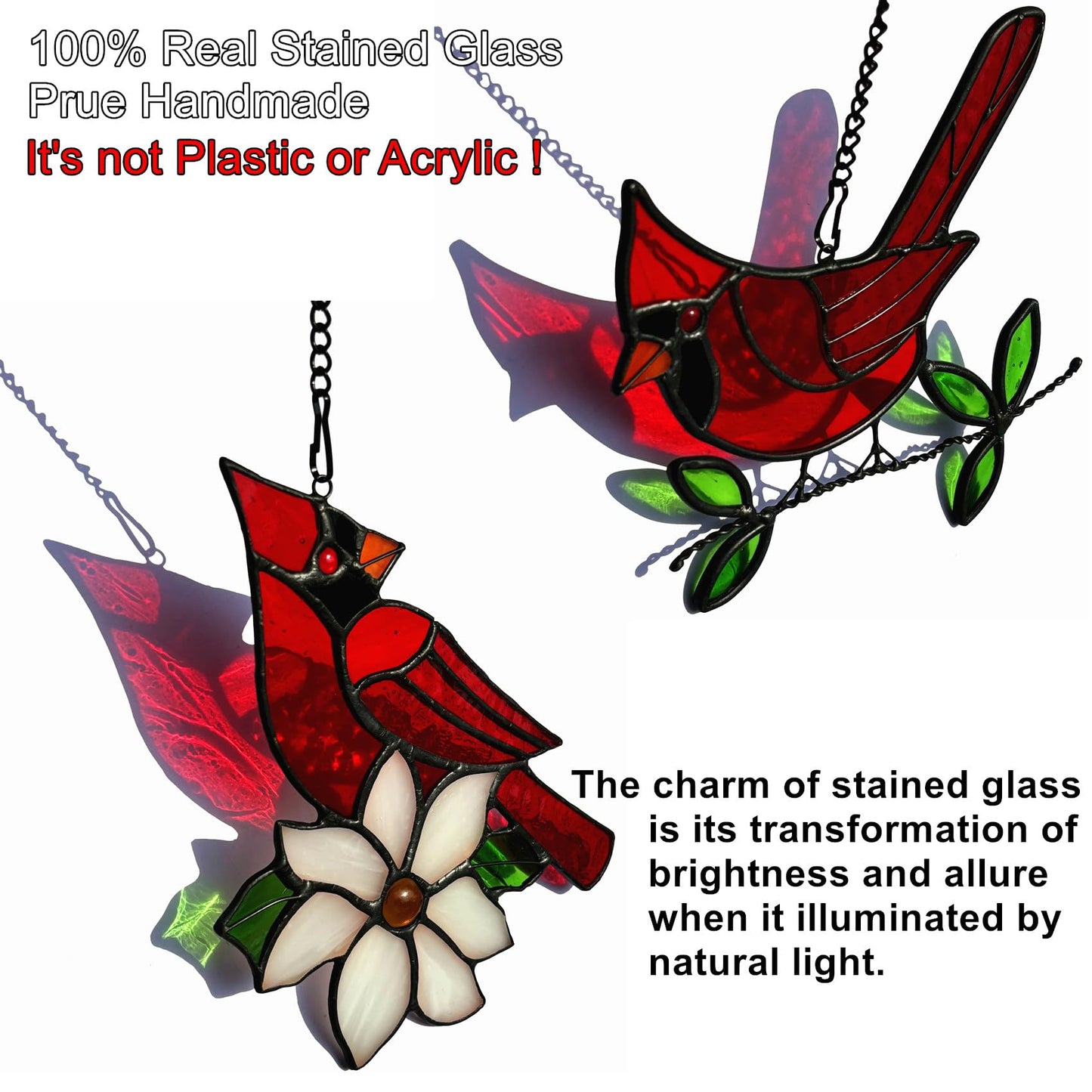 Lcensp 2 Packs Stained Glass Red Cardinal Memorial Gifts for Women, Stained Glass Window Hanging, Red Cardinal on Branch Ornament Suncatcher, Handmade Bird Decor Gift for Mom, Bird Lover