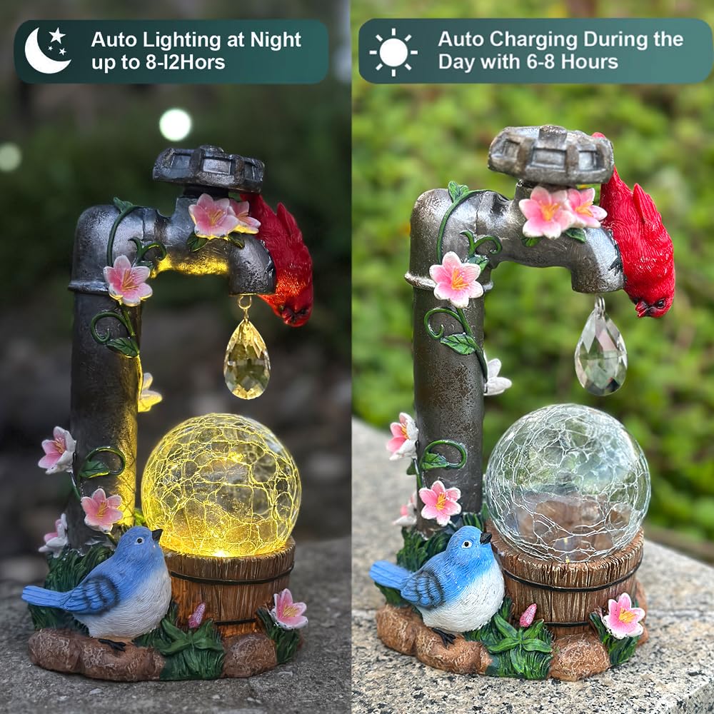 ZYLiWoo Solar Cardinal Garden Statue Decoration, Water Faucet and Solar Light Glass Ball, Outdoor Resin Garden Statue, Cardinal Gift, Women's Mother's Birthday Gift, Size 9.45 inches