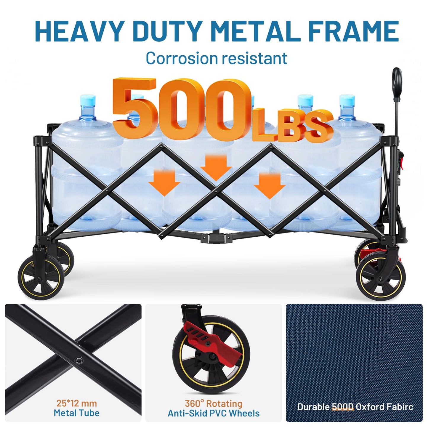 Timber Ridge 51.2'' Extended Collapsible Wagons Carts Foldable, 500LBS Heavy Duty Sports Wagon with Adjustable Handle, 400L Capacity Portable Cart for Camping Shopping