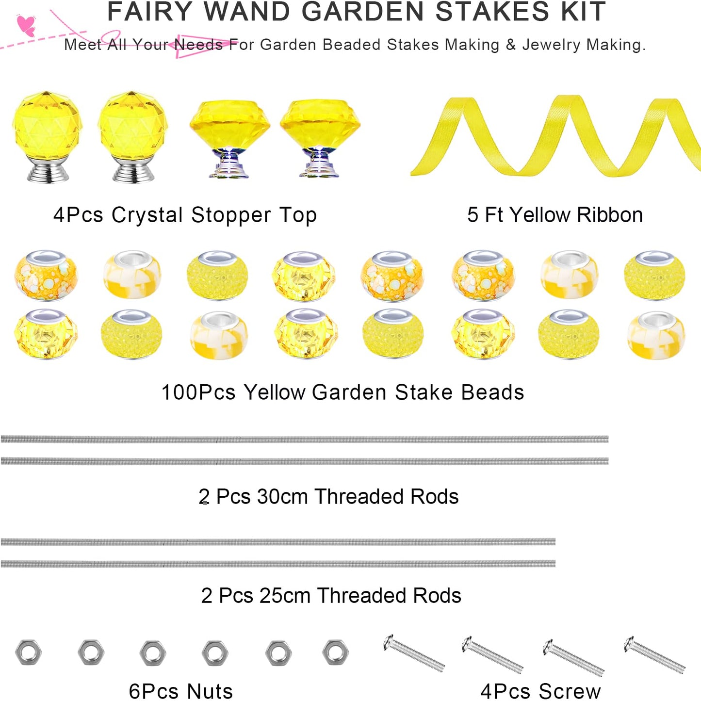 119 Pcs Garden Stake DIY Fairy Wand Plant Stake with Yellow Large Hole Beads Crystal Diamond Stopper Top 4 Stainless Steel Threaded Rod Beaded Garden Stakes for Outdoor Indoor Yard Patio Decorations