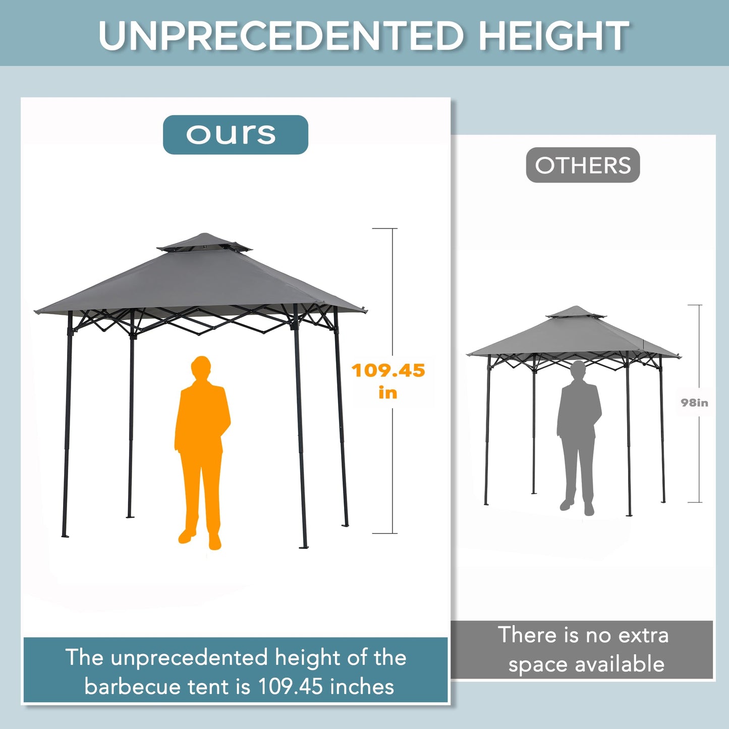 SUNJOY 8 x 5 ft. Grill Gazebo Pop Up Double Tiered Outdoor Gazebo Standing-Height Canopy with Magnetic LED Light, Adjustable Ceiling Height, for BBQ,Picnics, Outdoor Events, Gray