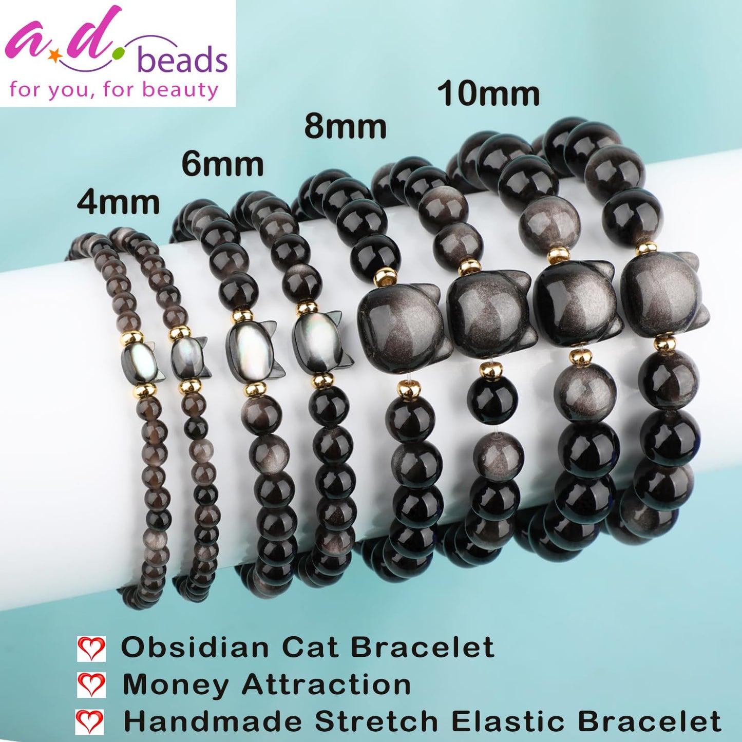 AD Beads 4mm Cat Head Silver Obsidian Bracelet – Attract Money, Abundance & Business Luck, Beaded Spiritual Energy Bracelet for Women and Men