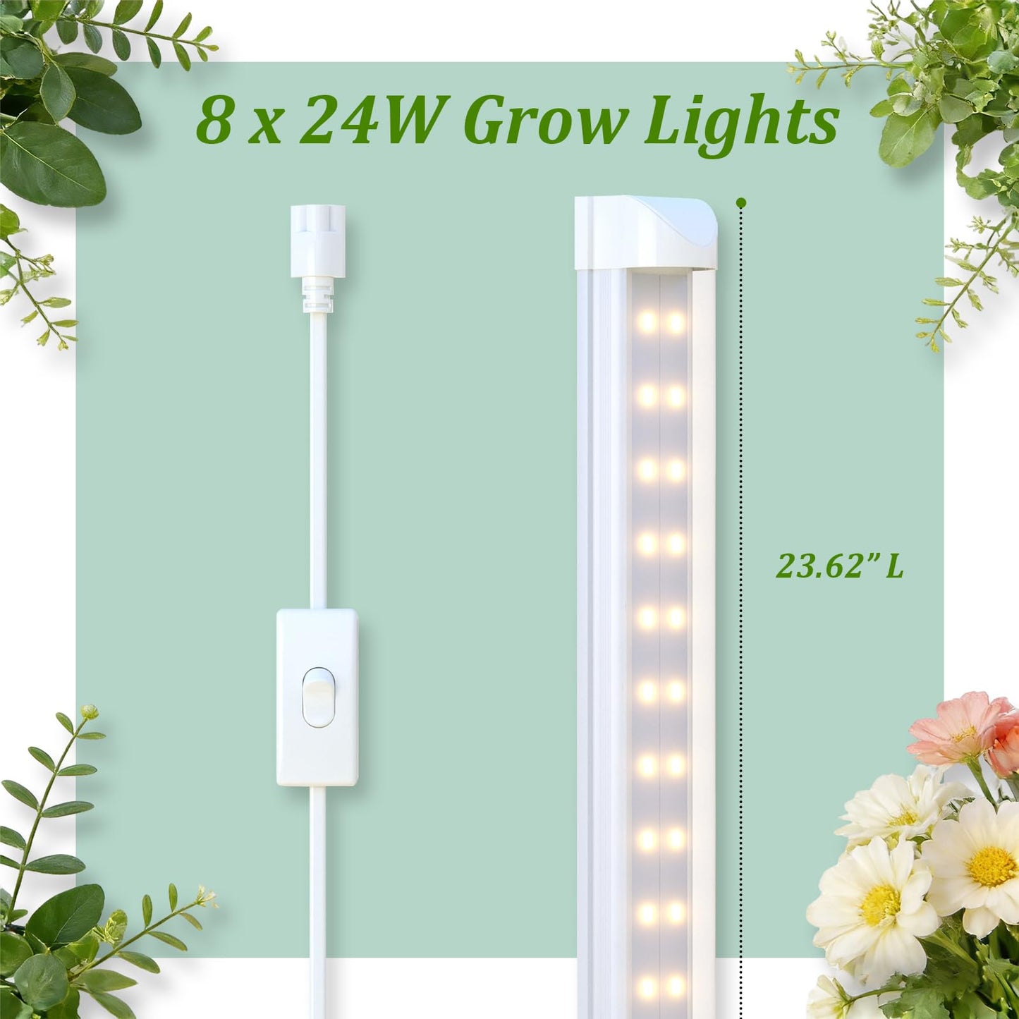 Plant Shelf with Grow Light, DIY 6-Tier Plant Stand with Grow Light, Adjustable Rack and Wheels, 8 Pack 24" 192W T8 Full Spectrum Grow Lamp for Indoor Plants, Seed Starting, Vegetable, 29"x13.5"x73.5"