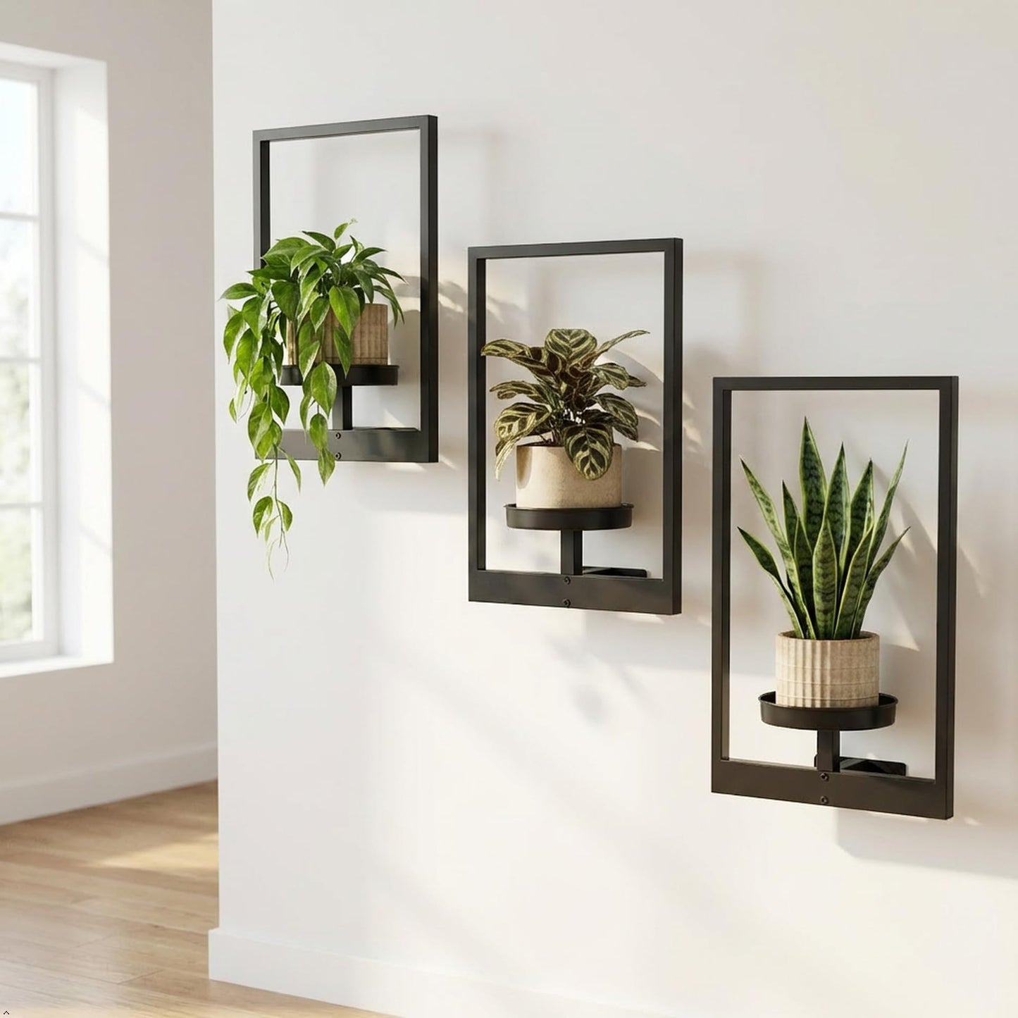 bbteroiu Picture Frame Wall Planters Set of 3, Modern Metal Hanging Shelves for Plants, Rustproof Wall Mount Flower Pot Holder for Indoor Outdoor, Decorative Plant Stand for Living Room Patio, White