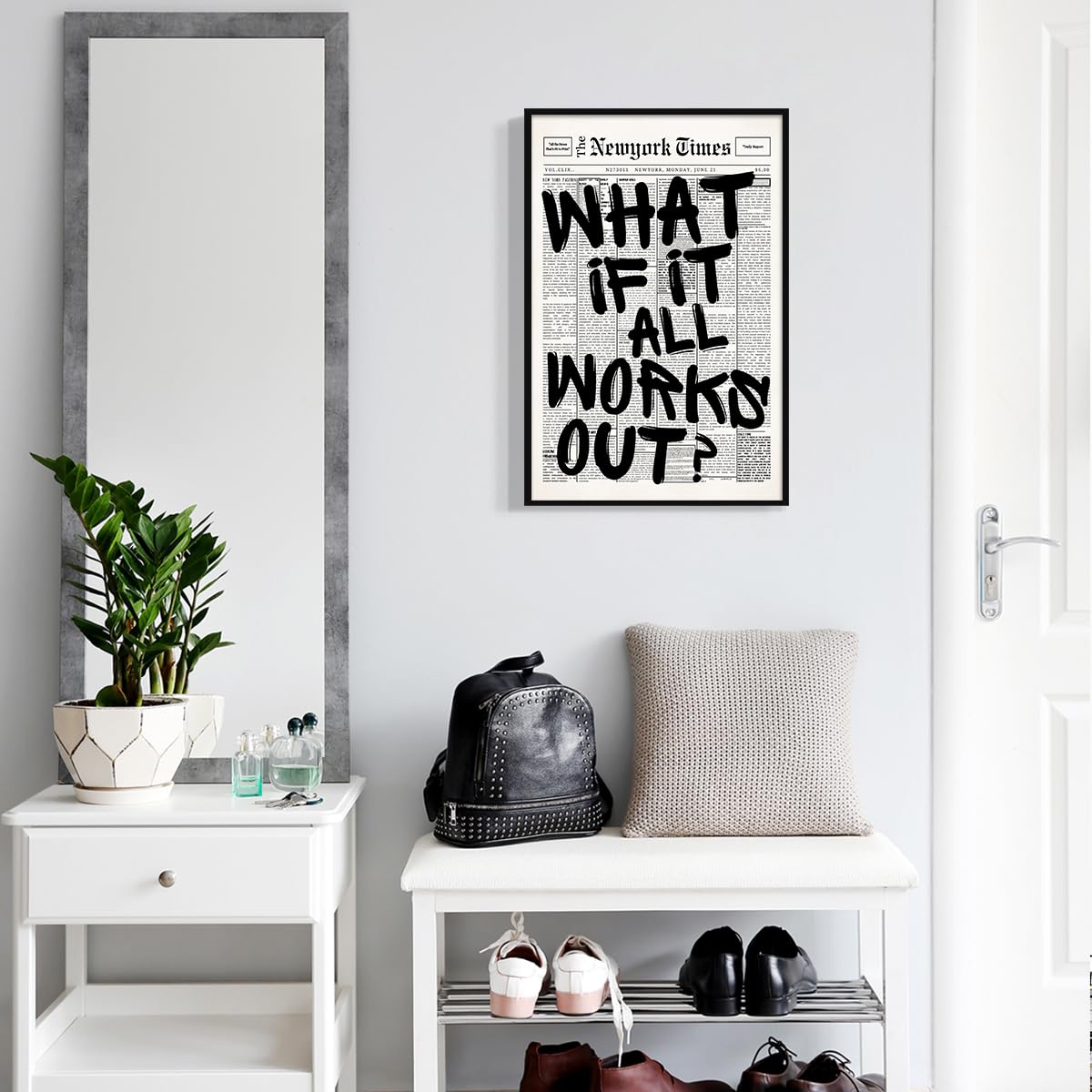 What If It All Works Out Canvas Wall Art, Black and White Newspaper Aesthetic Poster, Positive Affirmations Wall Decor, Daily Inspirational Quote Typography Print for Bedroom 8x12in Unframed