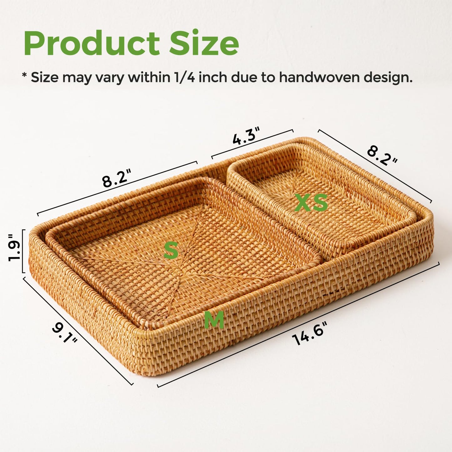 Rattan Serving Tray, Rectangle Basket Set of 3, Wicker Storage and Organizing Baskets, Natural Decorative Woven Tray for Home Decor, Bathroom, Kitchen Counter