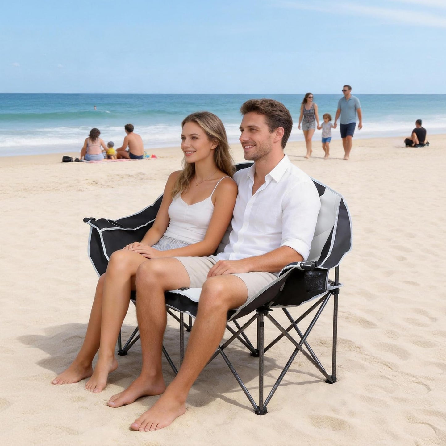 OTIATrail Double Camping Chair Loveseat with Cup Holders, 2 Person Folding Outdoor Chair, 550lbs Heavy Duty, 600D Oxford Fabric Padded 2 Seat, Portable Camping Couch for Camp/Lawns/Sports Grey