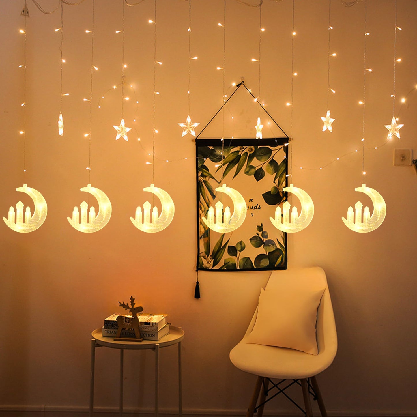 Dazzle Bright Moon Star and Fairy Tale Castle String Lights, 138 LED Muslim Curtain Fairy String Lights, 8 Lighting Modes for Home Holiday Ramadan Christmas Wedding Party Xmas Eid Decorations(USB)