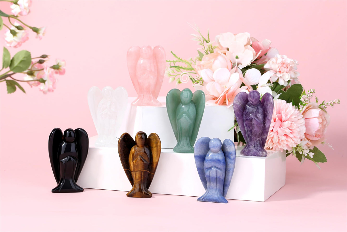 YATOJUZI 3" Rose Quartz Angel Decor Big Hand-Carved Angels Guardian Sculpture Statue Figurines Natural Crystal Stones and Healing Crystals Pink Home Room Office Desk Decoration Wisdom Gifts for Women