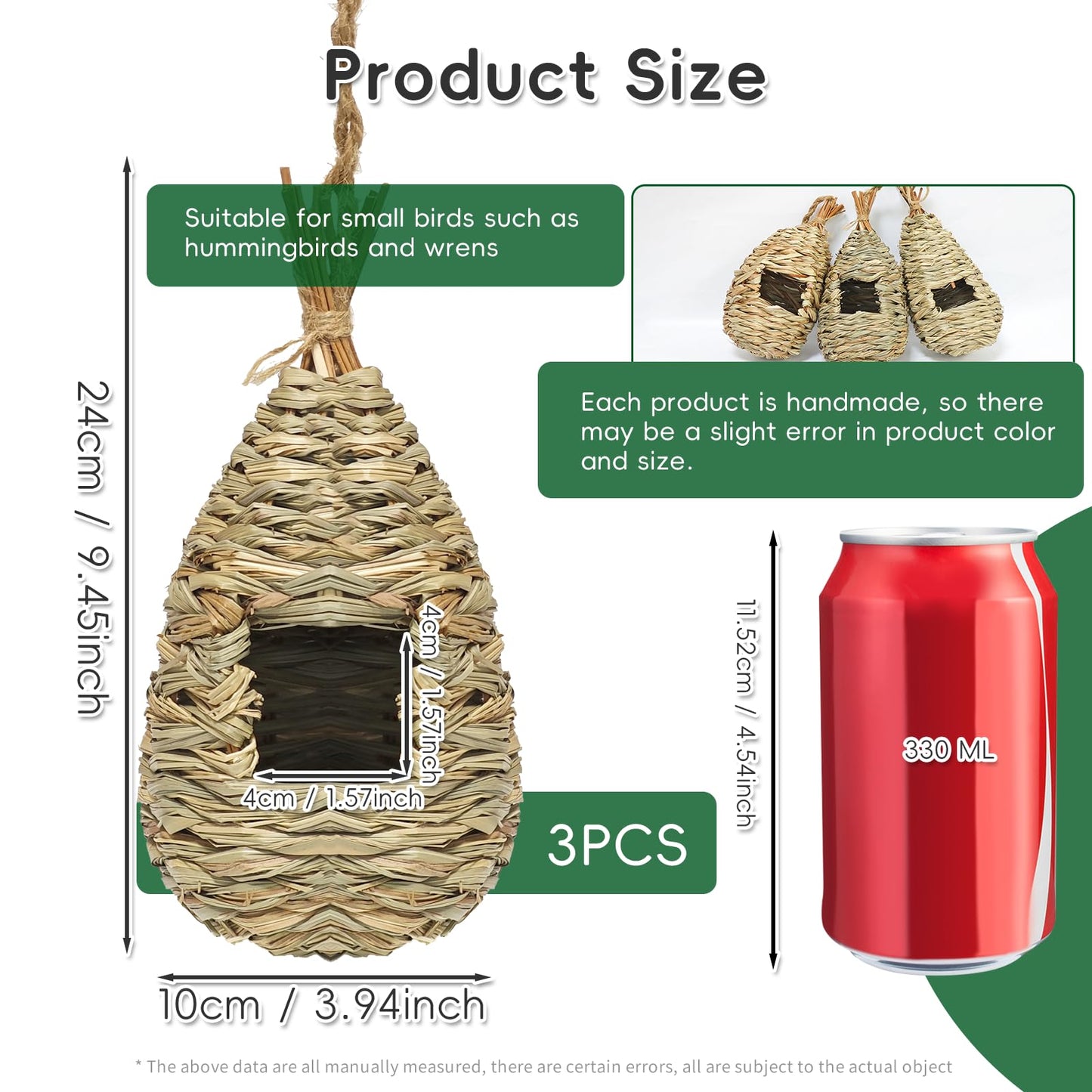 Gute Hummingbird Houses for Outside Hanging, Natural Grass Hanging Bird Hut, Hand Woven Bird Nest, Large Wren Finch Bird House for Garden Window Outdoor Home Decoration, 3 Pack