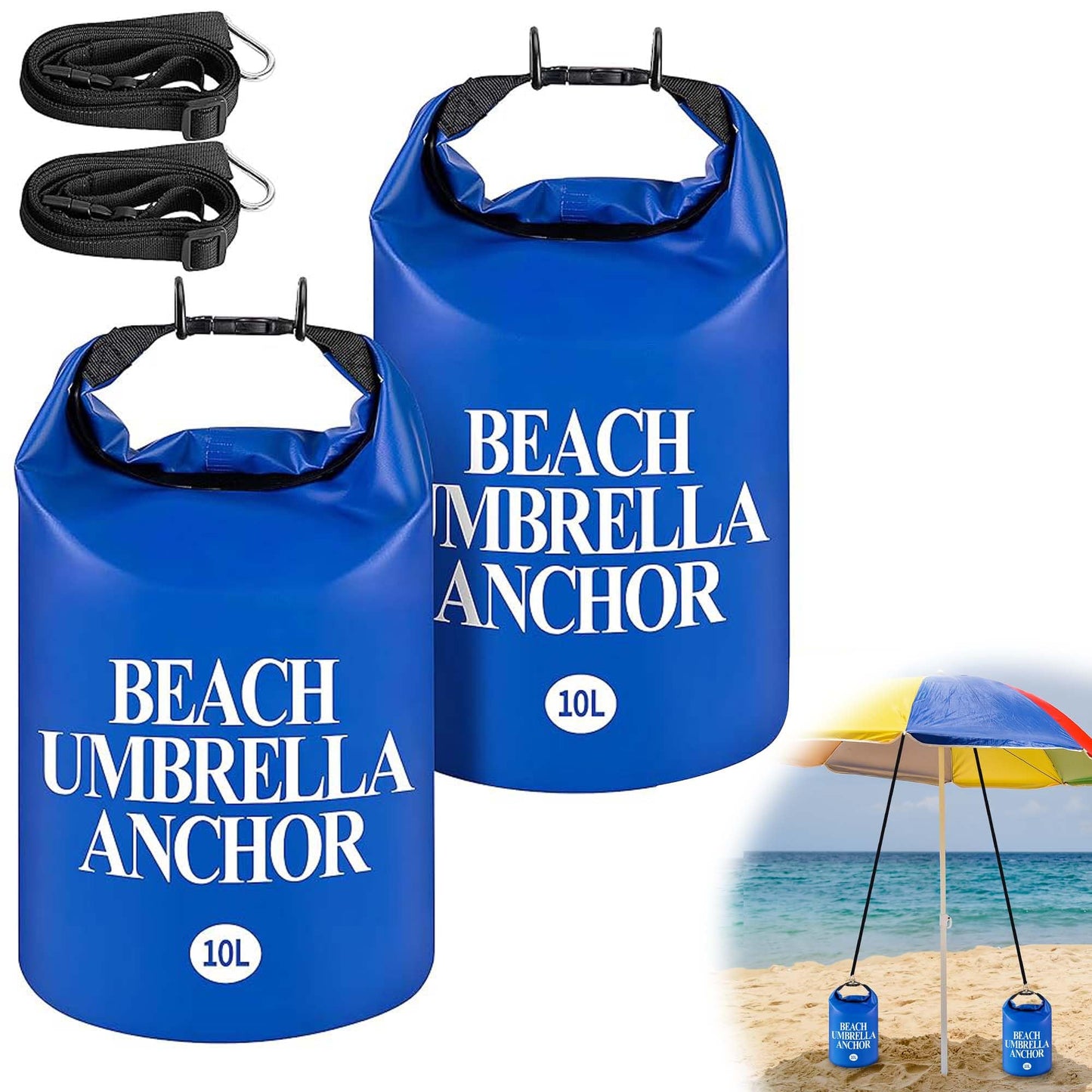 DECOHS 2 Pack Beach Umbrella Weight Sand Bags, 500D PVC Heavy Duty Summer Canopy Tent Sandbags, 10L/25LB Fillable Sun Umbrella Sand Anchor Bags for Outdoor Wind Resistant