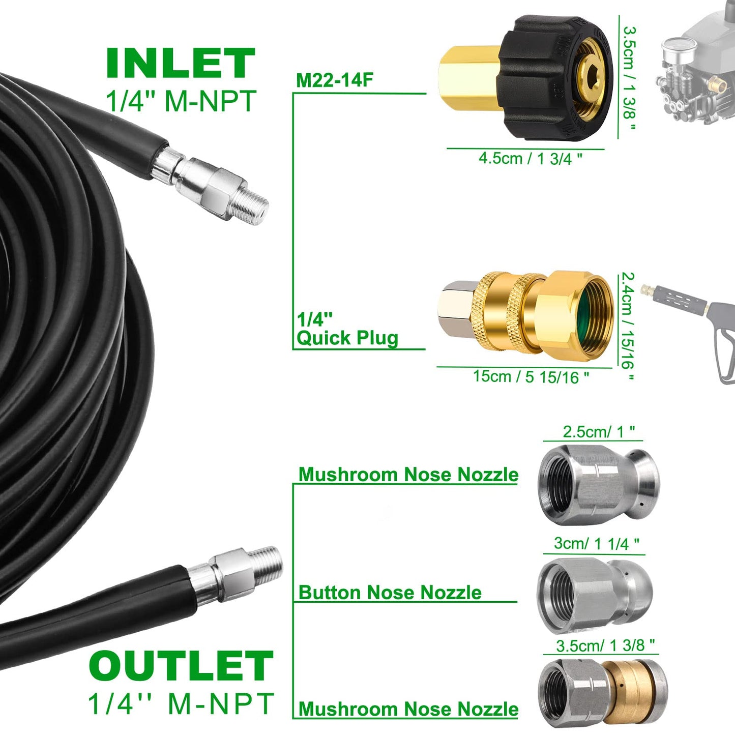 West Bay 150FT Sewer Jetter Kit for Pressure Washer, 5800PSI Drain Cleaner Hose 1/4 Inch NPT, Corner, Rotating and Button Nose Sewer Jetting Nozzle Waterproof Tape Pearl Corsage Pin with 2Pcs Spanner