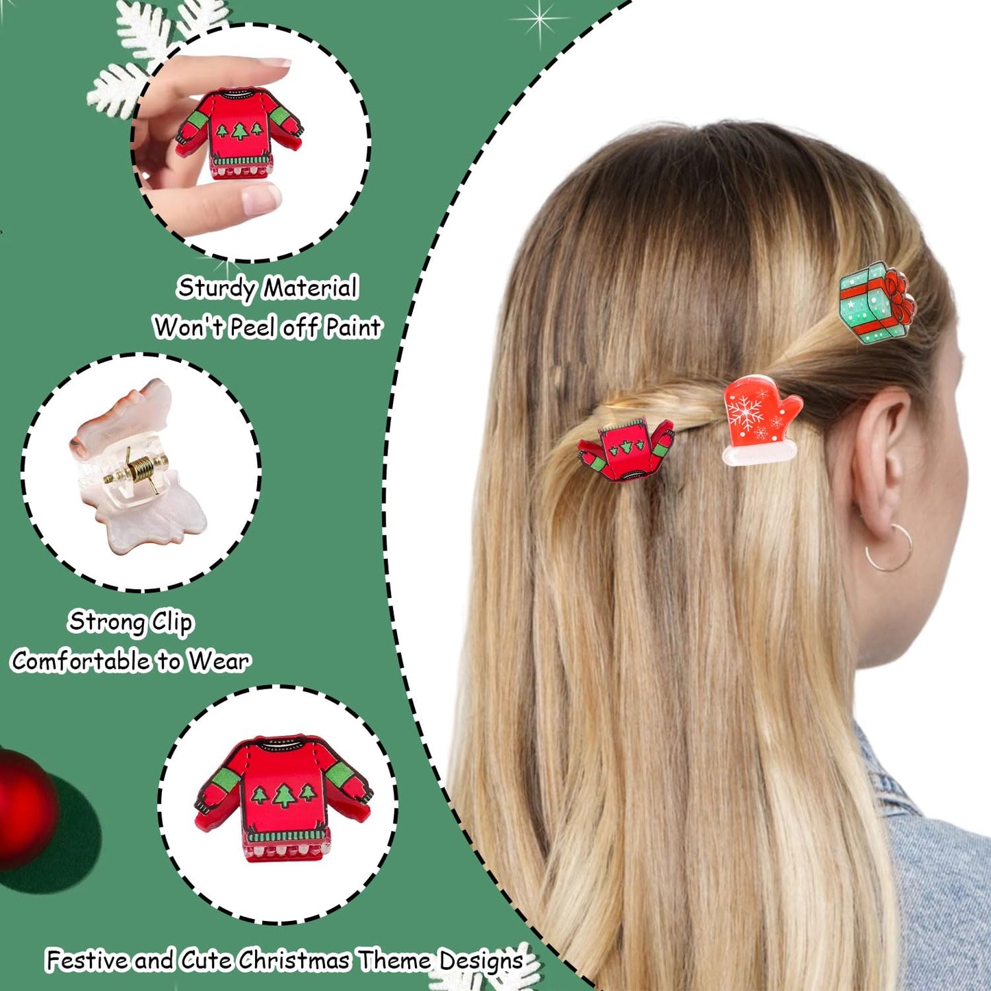 12 Pcs Christmas Hair Clips for Women Snowman、Xmas Tree、Santa Claus、and Gloves Design Christmas Mini Claw Clips Small Hair Claws Strong Hold Jaw Clip Mini Hair Clips for Women Girls Hair Accessories