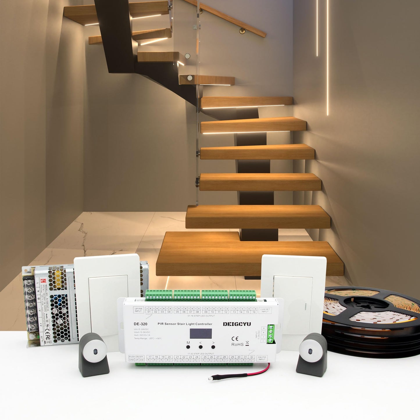 DEIGCYU Motion-Activated LED Stair Lighting Kit DE-320, 42" Cuttable Strip Light for Indoor Floating Mono Stringer & Cantilever Stairs (Warm White 3000K,20 Steps)