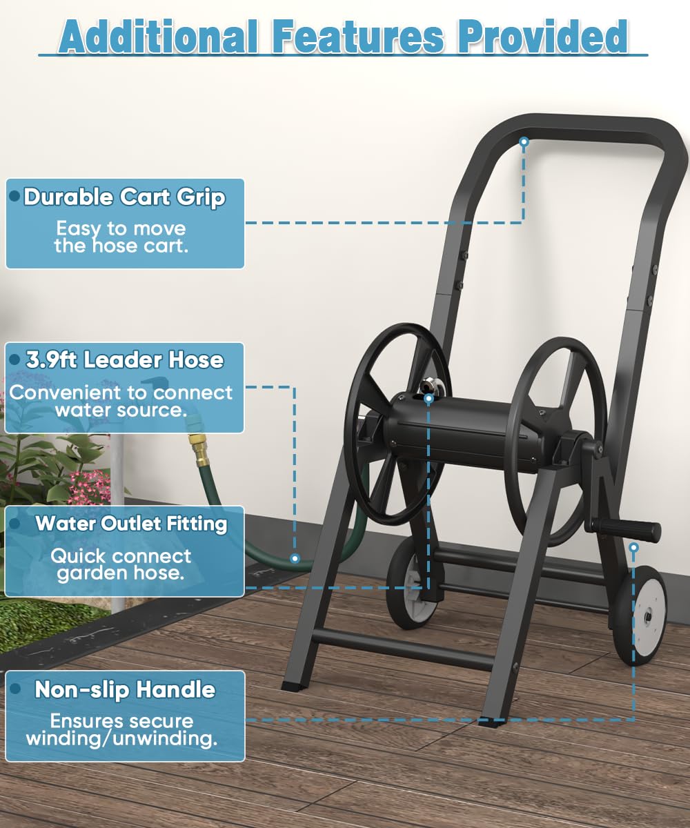 Artigarden Garden Hose Reel Cart with Wheels, Holds 165 ft of 5/8’’ Hose Outdoor Heavy Duty Powder-coated Steel Water Storage Holder Rack with 3.9 Ft Leader Hose for Outside Lawn Yard, Black