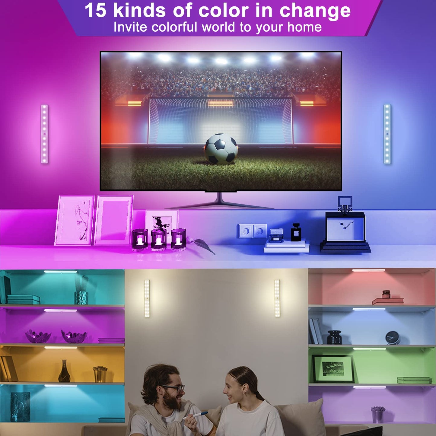 Under Cabinet Lighting Wireless with Remote, 48 LED Rechargeable Under Cabinet Lights, Kitchen Counter Lights Dimmable LED Closet Light RGB Bar for Shelf, Car, Hallway, 15 Color Changing, 6 Pack