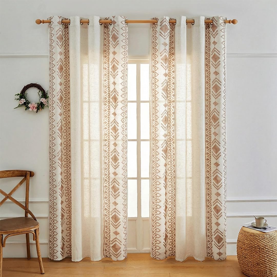 LOHUT Beige Boho Curtains 2 Panels for Bedroom 84 Inches Long Linen Embroidered Drapes for Living Room Farmhouse Geometric Light Filtering Grommet Window Treatment 55x84 Inch, Taupe On Beige