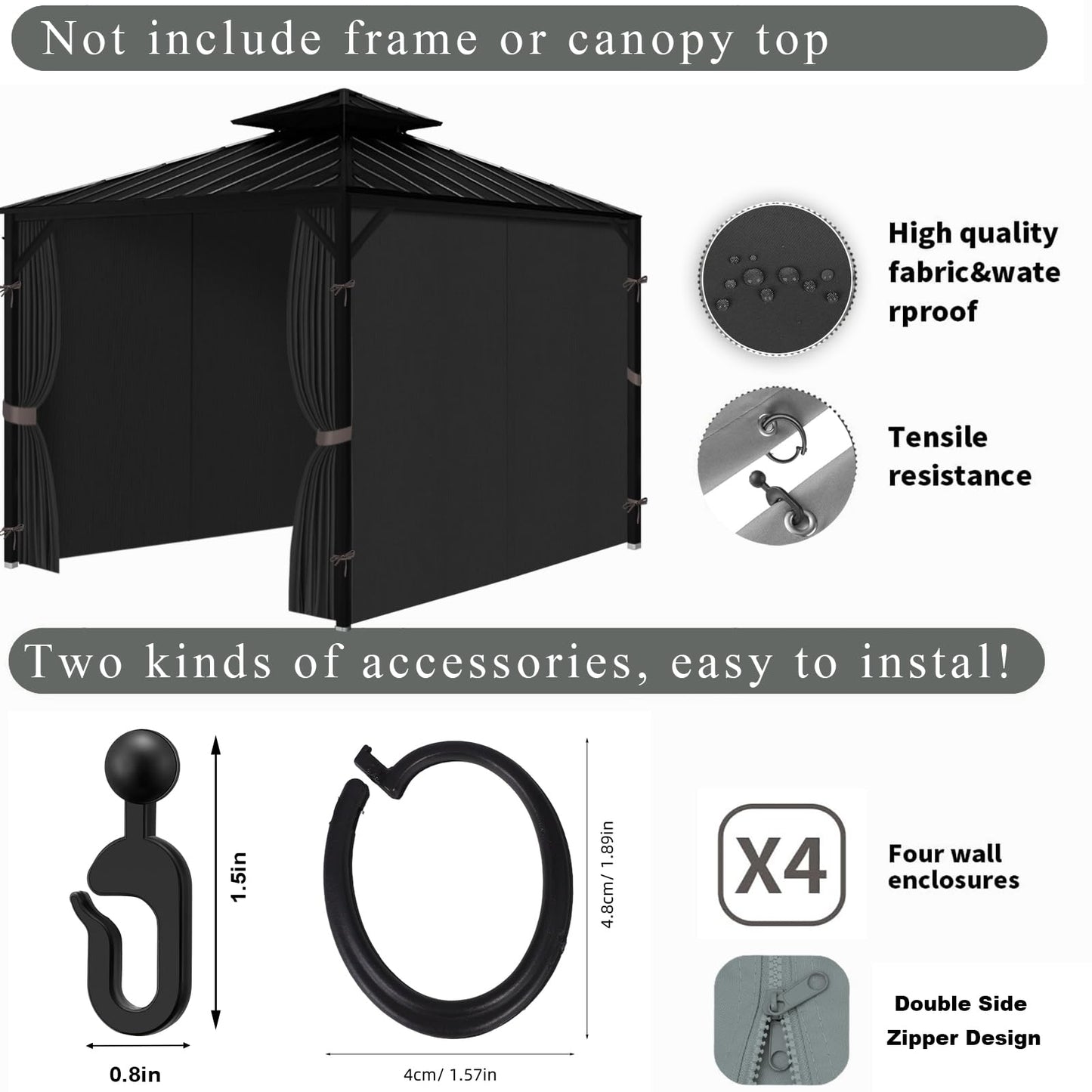 ORSMGOLF Outdoor Waterproof Gazebo Curtains - Privacy & Weather 4 - Panels Gazebo Side Wall with Zipper - Resistant Privacy Curtains Replacement for Patios/Gardens (Black, 12' x 12')