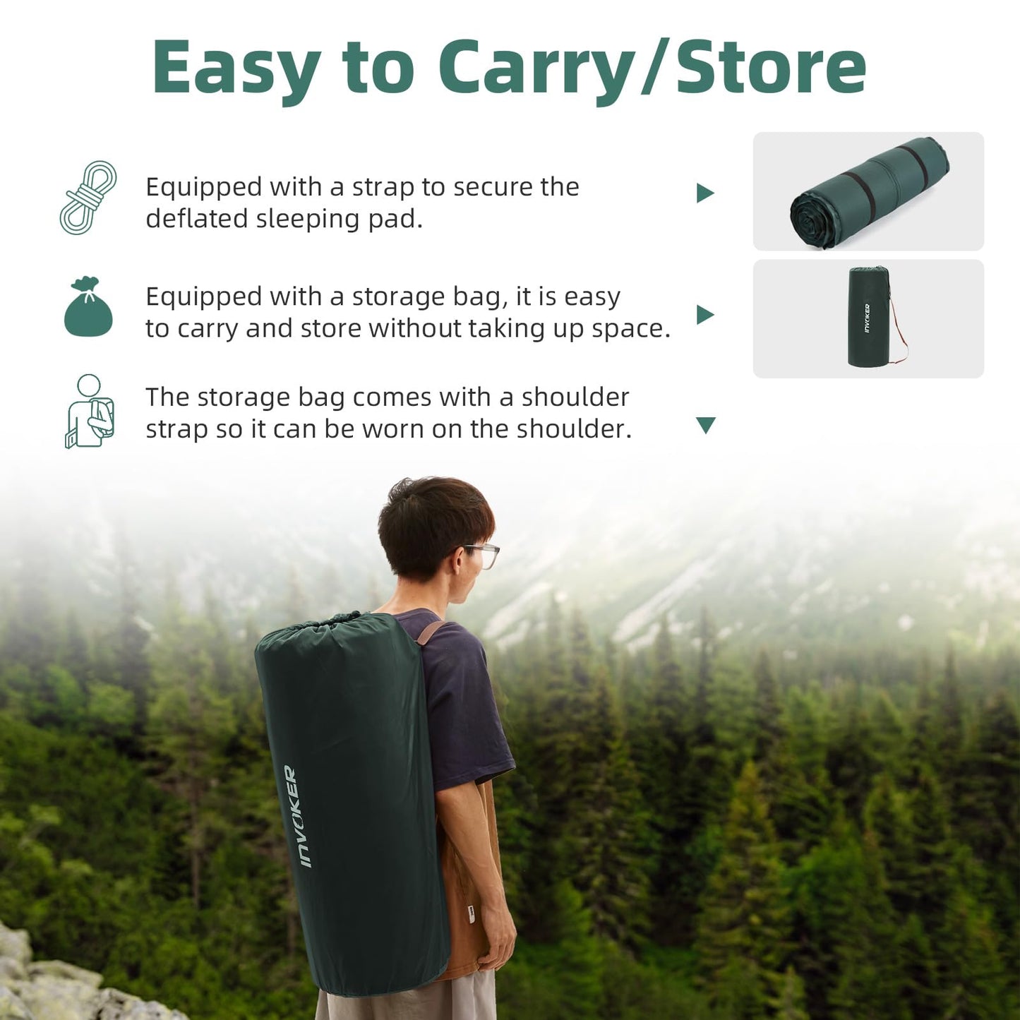 INVOKER 3.15" Self Inflating Camping Sleeping Pad, Ultra-Thick Elasticity Foam Fast Inflating 4-Season Insulated Durable Camping Mat Air Mattress with Pillow, for Tent, Car, Camping, Traveling, Green