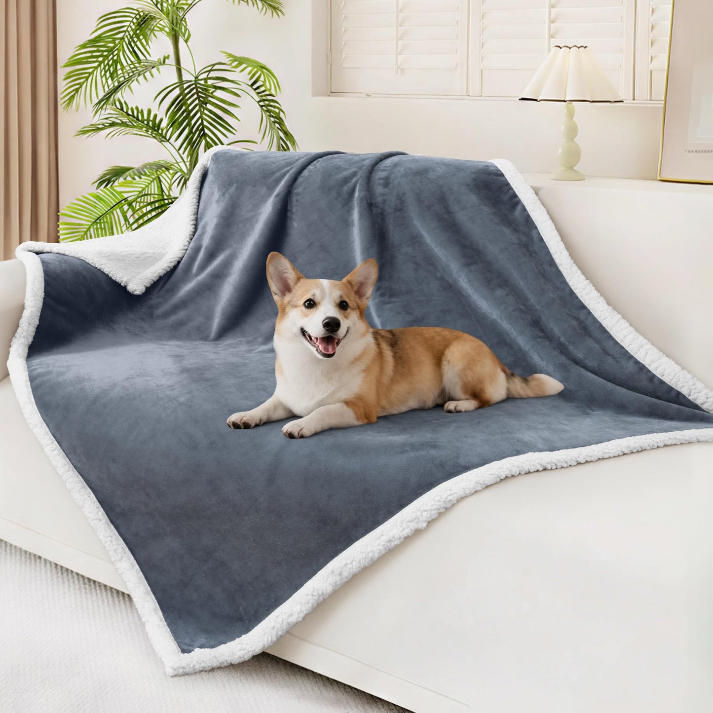 Smiry Waterproof Blanket Throw for Large Dogs, Soft Reversible Dog Blanket for Sofa Couch Bed, Washable Leakproof Sherpa Fleece Furniture Couch Protector(50"x60", Grey/White)