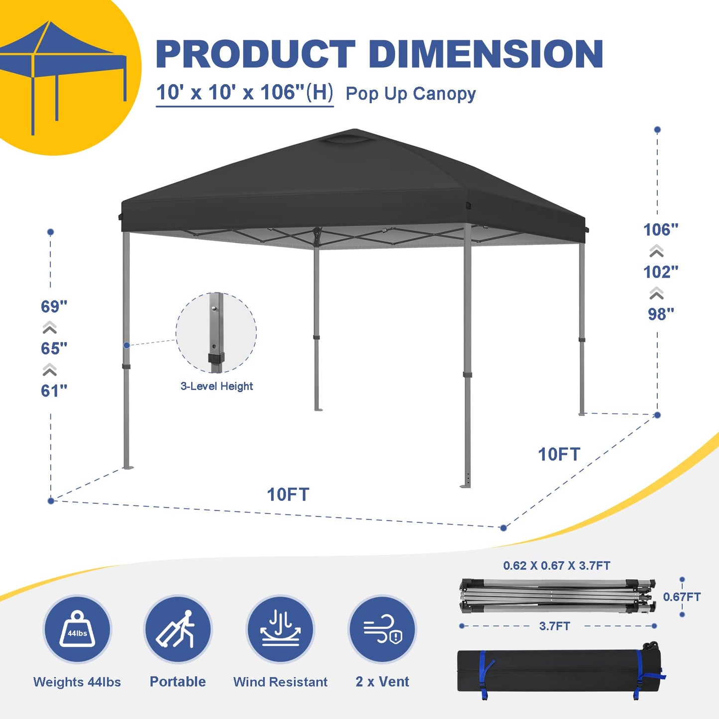 Explore Land 10x10 Pop Up Canopy with One Push Setup Heavy Duty Outdoor Sun Shade Tent for Beach,Camping,Events,Parties(Black)