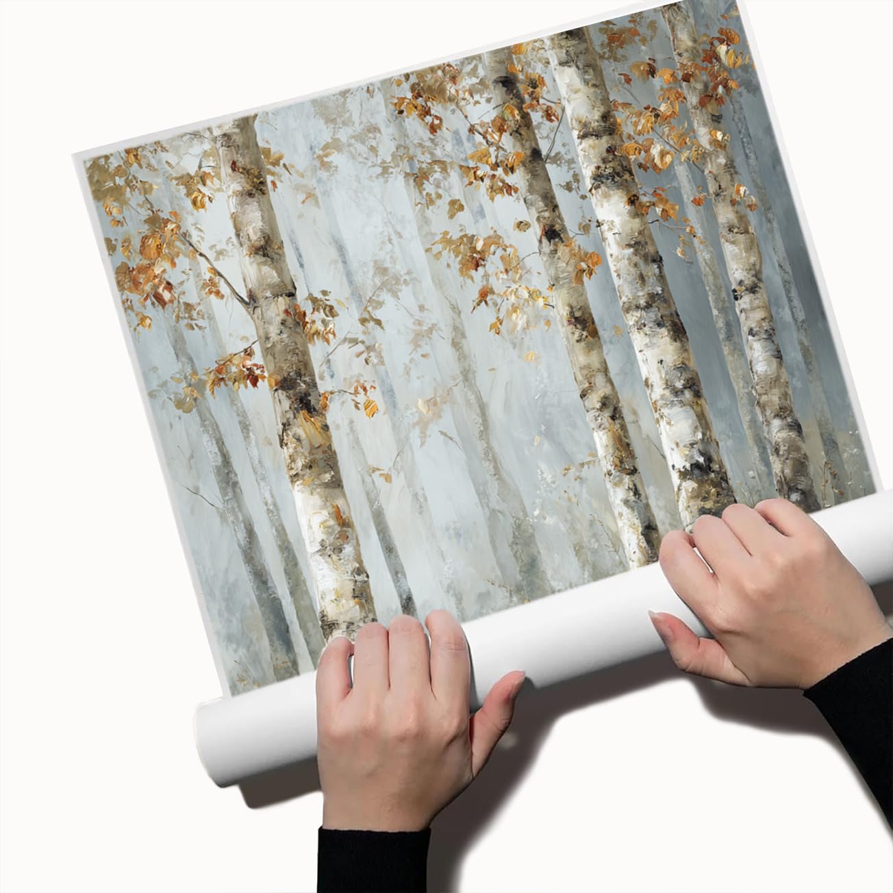 Birch Tree Forest Wall Art – Autumn Canvas Print with Mushroom and Misty Woodland Trail, Rustic Fall Nature Poster for Bedroom or Seasonal Wall Decor 12x16in Unframed