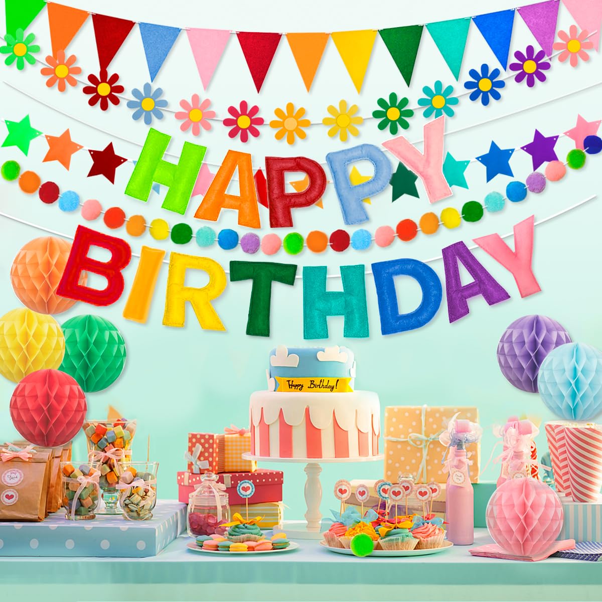 Pre-Strung 3D Happy Birthday Banner, 6 PCS Felt Reusable Birthday Decorations Set with Letter Banner, Pom Pom, Star, Sunflower Garland, Triangle Flag and Honeycomb Balls, Rainbow Decor Sign Photo Prop