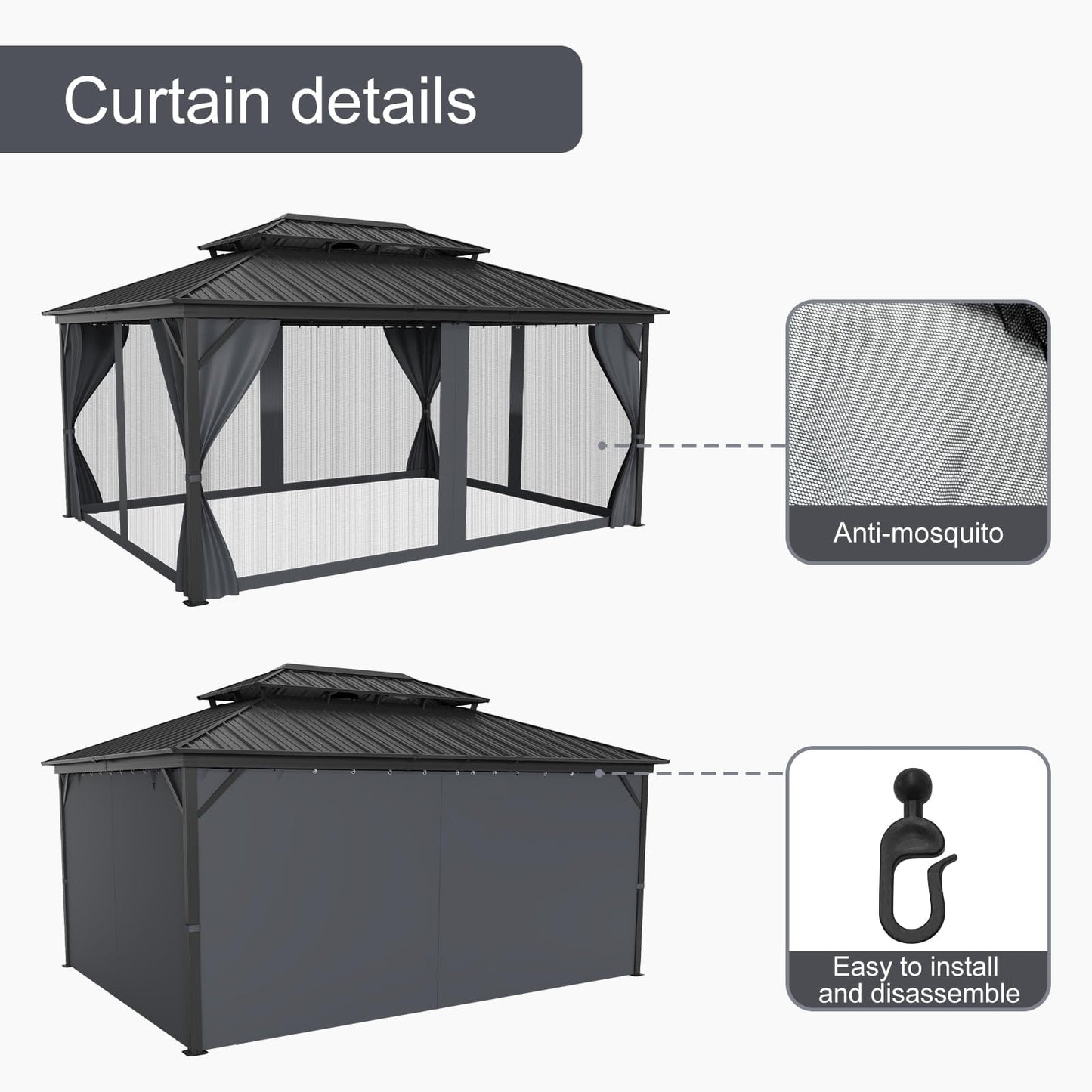 12Ft x 16Ft Hardtop Gazebo, Aluminum Metal Outdoor Gazebo with Breathable Netting and Curtains, Double Metal Roof, Galvanized Steel Heavy Duty Gazebos for Backyard, Wedding, Party