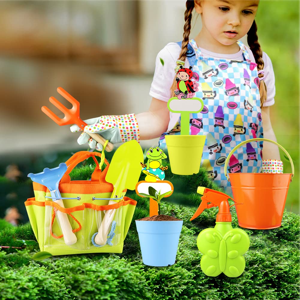 Kids Gardening Tools Kit Children Garden Toy Includes Tote Bag, Spade, Watering Bucket, Spray Bottle, Flower Pot, Apron, Rake, Plant Marker, Fork, Rake and Gloves