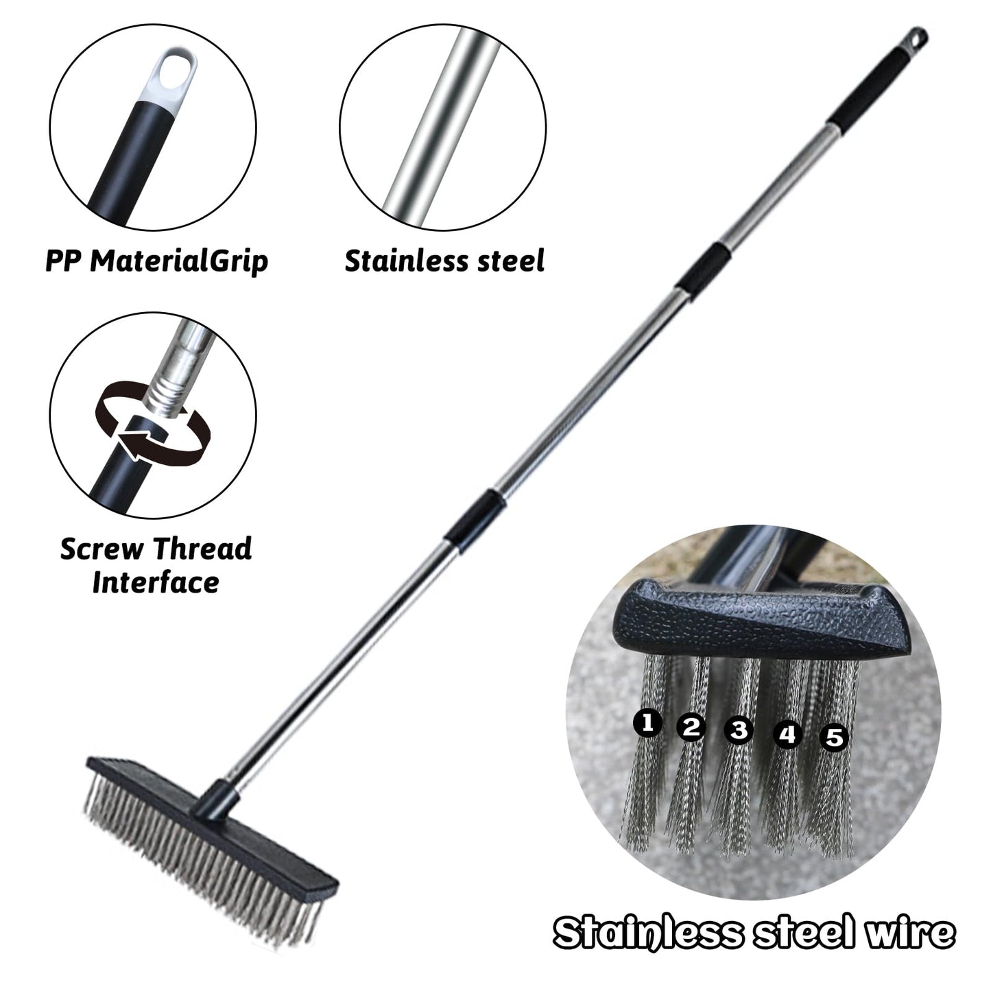 Heavy Duty Wire Push Broom Brush, 15.7" Stainless Steel Bristle Deck Brush with Long Handle for Removing Weeds, Outdoor Broom for Rough Surface Dirt
