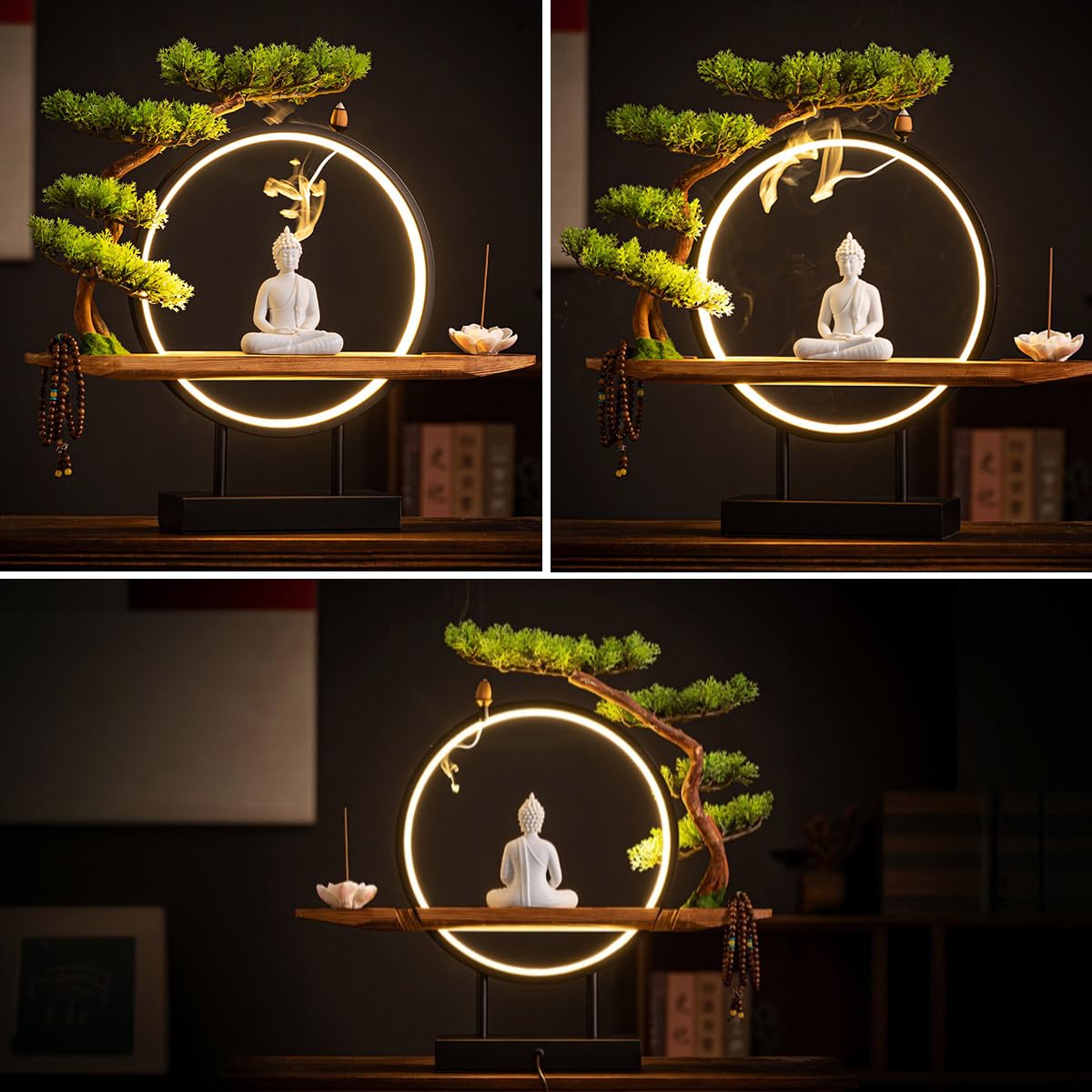 TXYXT Shakyamuni Buddha Ceramic Statue Indoor Backflow Incense Burner with Led Ring Light，Meditation Decoration for Home and Office, Suitable for Cone and Stick Incense