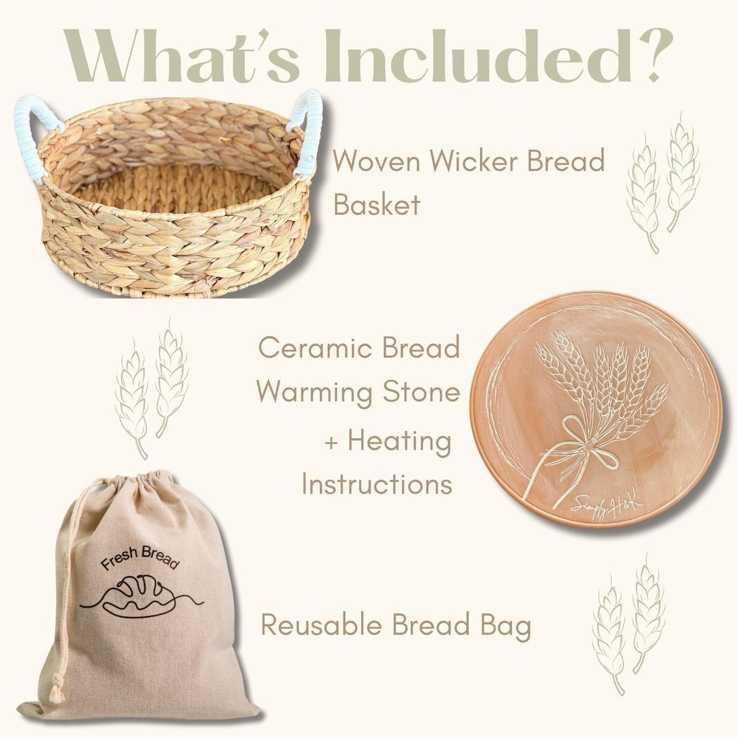 Simply H&K Bread Warmer Basket with Stone - Includes Reusable Bread Bag - 11" Round Basket with 10" Terracotta Stone - House Warming Gifts for Bakers - Instructions for use and cleaning