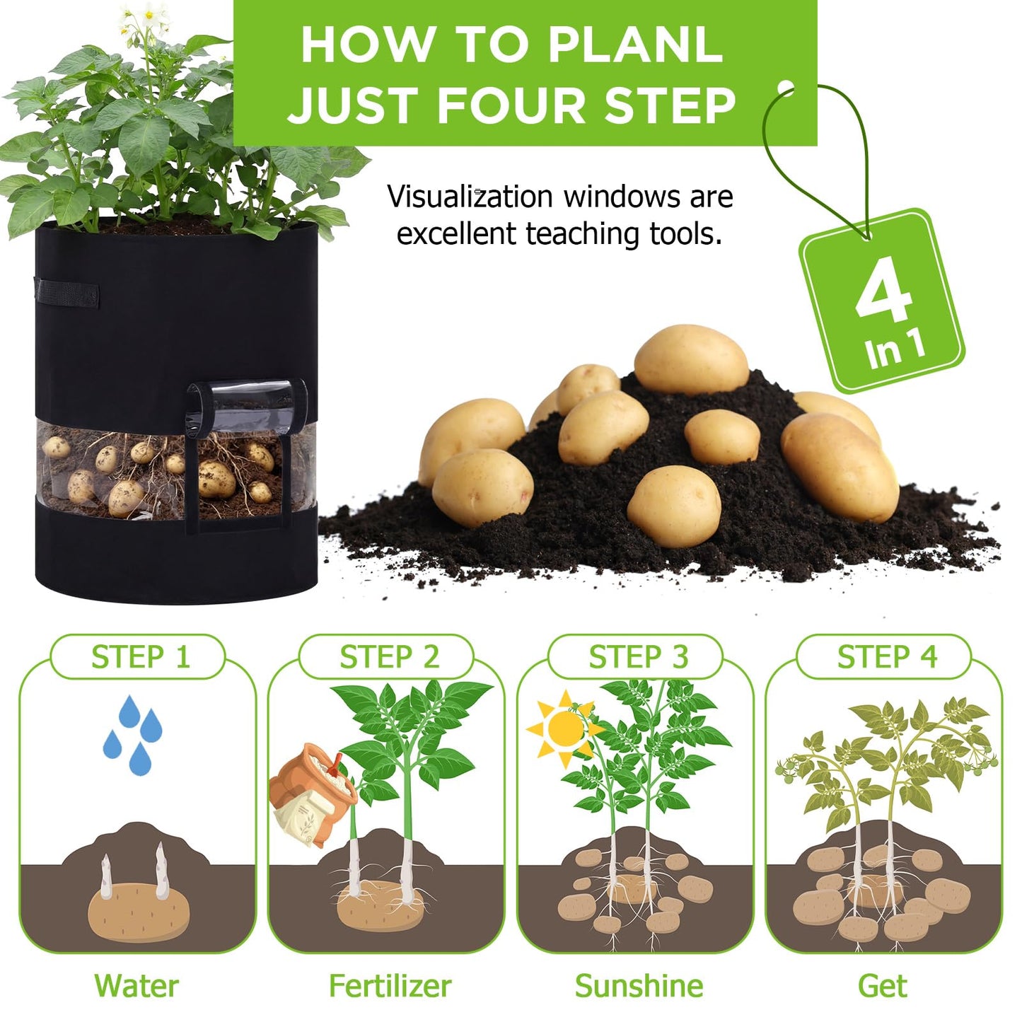 Baderke 2 Pack Visible Potato Grow Bags with Harvest Window, 360 Visibility Plant Grow Bags with Handles for Planting Potatoes, Tomatoes and Vegetables (20 Gallon,Black)