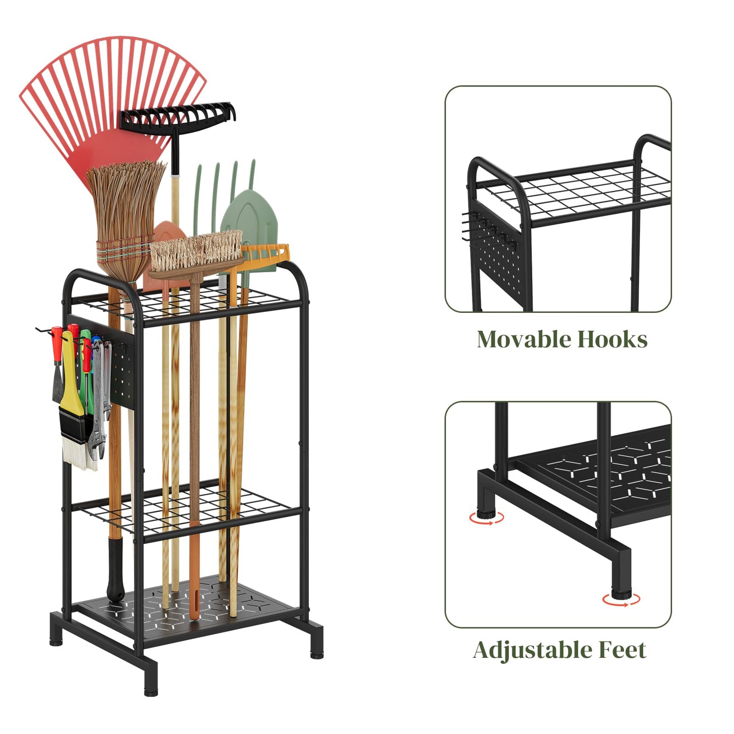 PULIJIAJU Garden Tools Organizer Rack, Yard Tool Rack, Heavy Duty Steel Yard Tool Organizer and Storage Holder Broom Holder for Shed, Patio, Outdoor (Rack with Hooks)