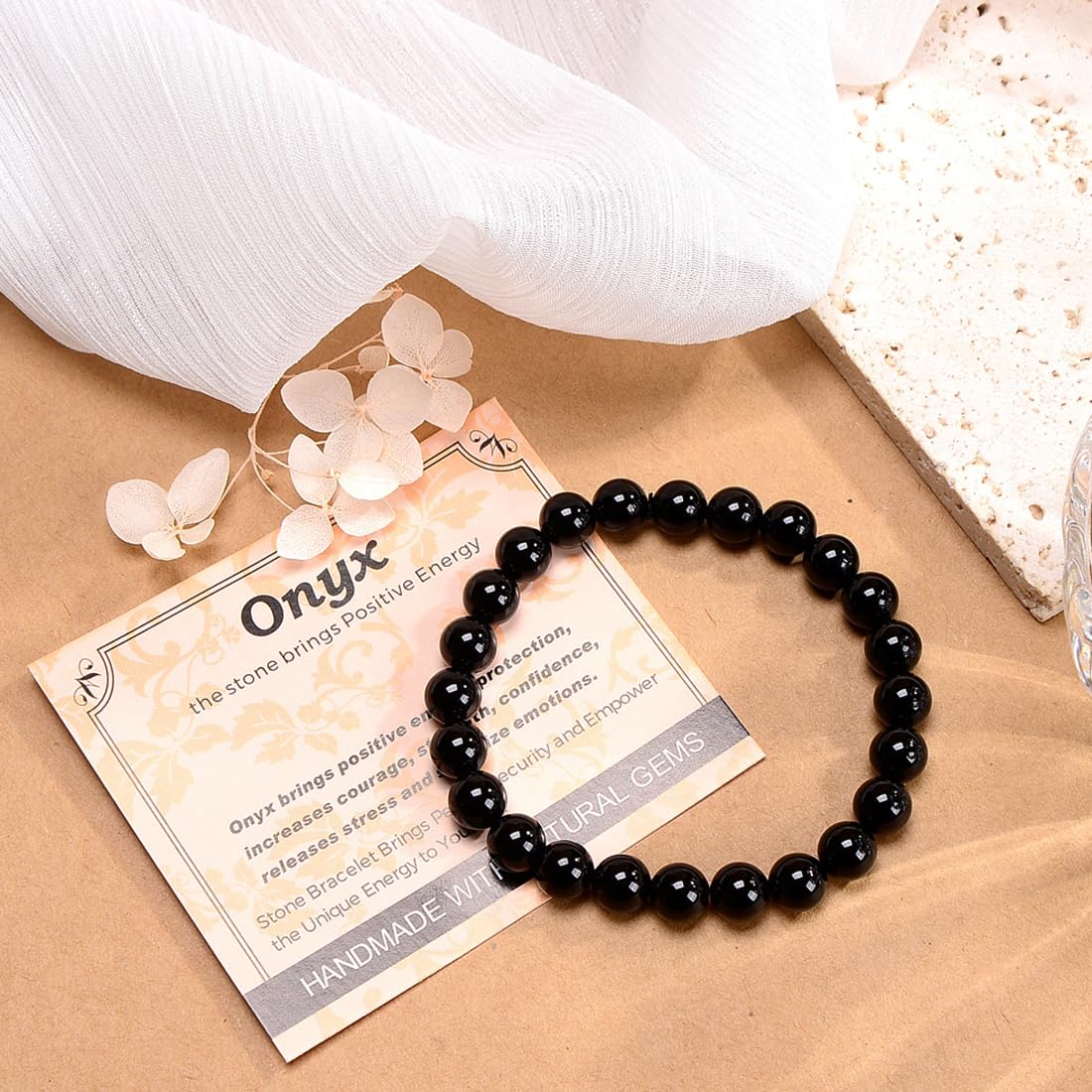 MASSIVE BEADS Black Onyx - Stone of Positive Energy - Handmade Yoga Stretch Elastic Bracelet Natural Stone Crystal Healing Power Energy Gifts for Unisex Adult 4mm