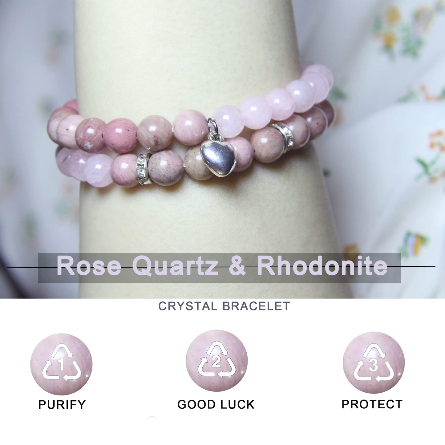 GDLKPYHS Healing Bracelets for Women - Rose Quartz & Rhodonite Bracelet - Healing Prayers Crystal Bracelet, 8mm Natural Stone Stress Relief Yoga Beads Get Well Soon Gifts