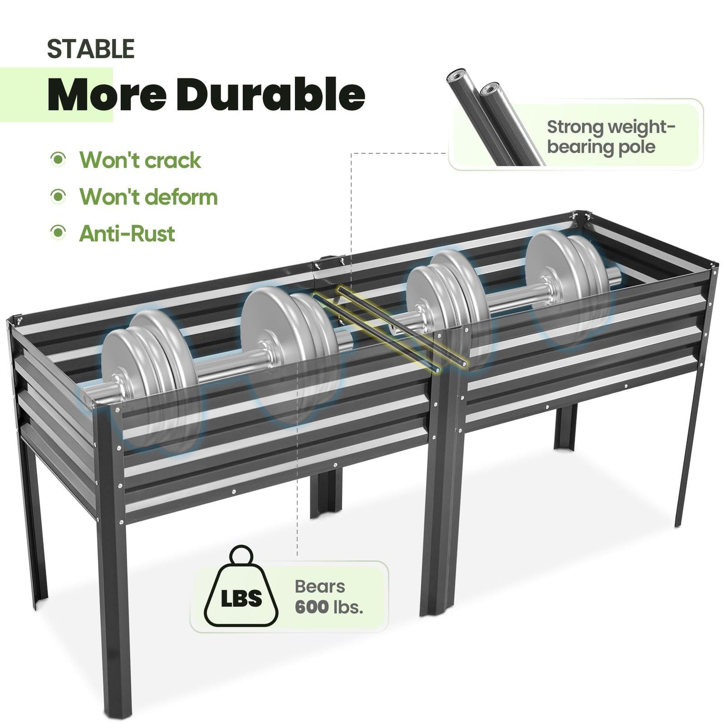 KING BIRD Raised Garden Bed with Legs Galvanized Large Elevated Planter Box for Backyard, Patio, Balcony, 600lb Capacity, Dark Grey 70.9x22.8x31.5 in
