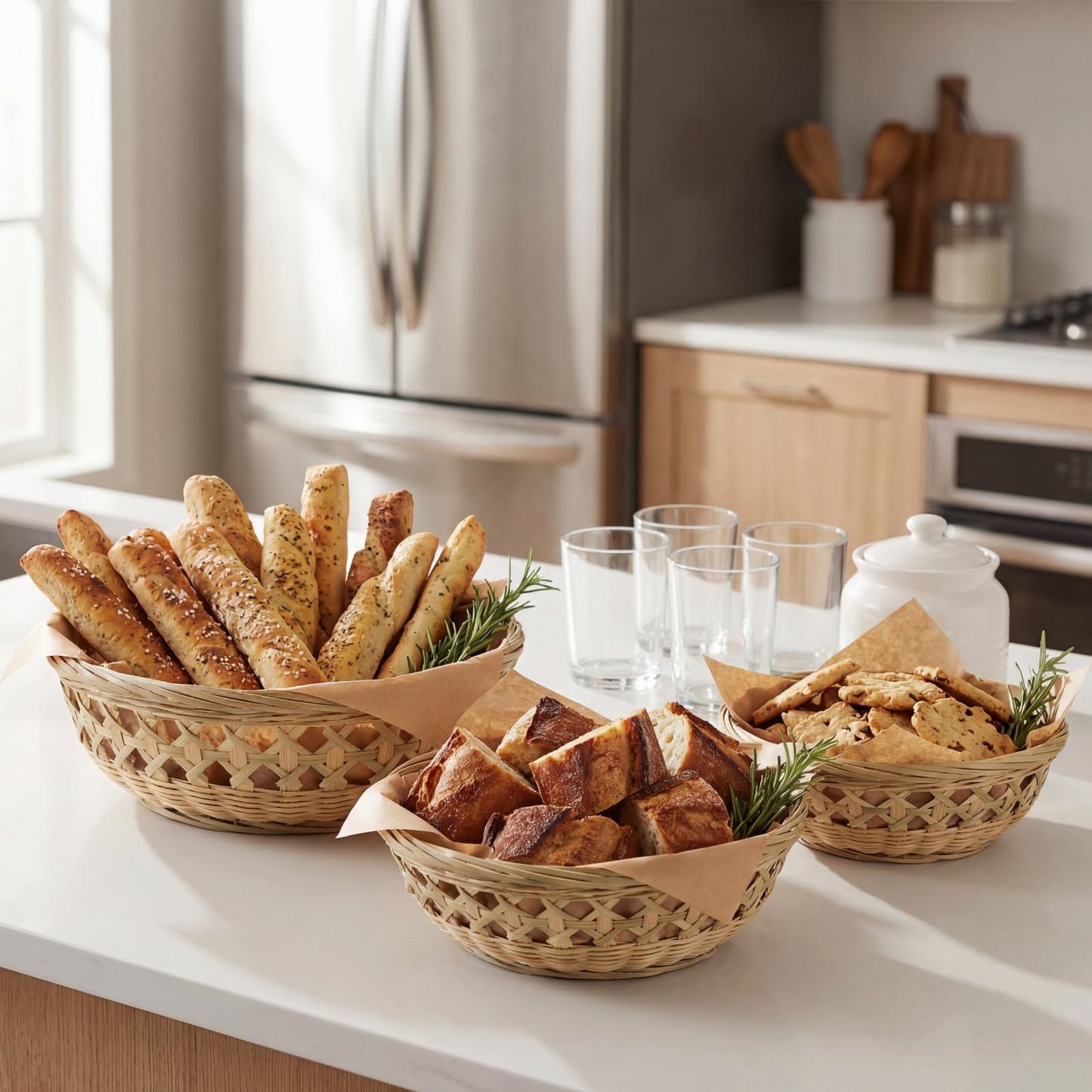 ZENFUN 3 Packs Round Woven Bread Basket, Bamboo Serving Trays, Handwoven Baskets Fruit Basket, Rattan Serving Baskets for Daily Dinning, Kitchen Organization, Stackable