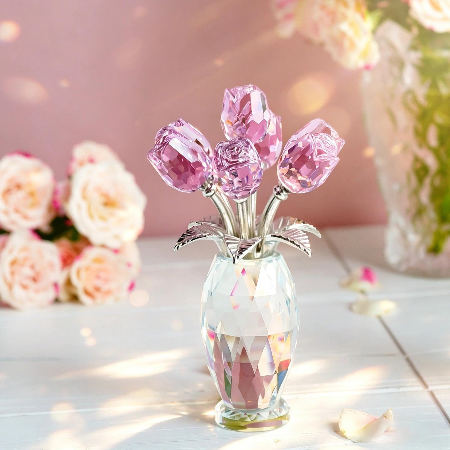 LOULIQIGIFT Crystal Pink Flowers Bouquet Romantic Art Glass Rose Flower Figurine Gifts for Women on Mother's Day Birthday Wedding Anniversary