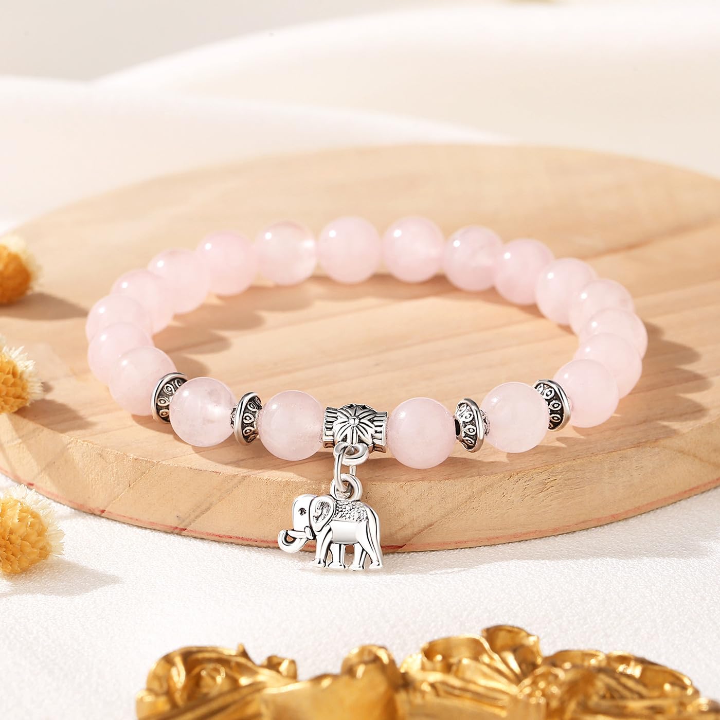MAIBAOTA Rose Quartz Bracelet for Women, Pink Bracelet, Rose Quartz Crystals Stone Beaded Bracelets, Elephant Round Gemstones Stretch Bracelet, Crystal Jewelry Gifts for Women Mom