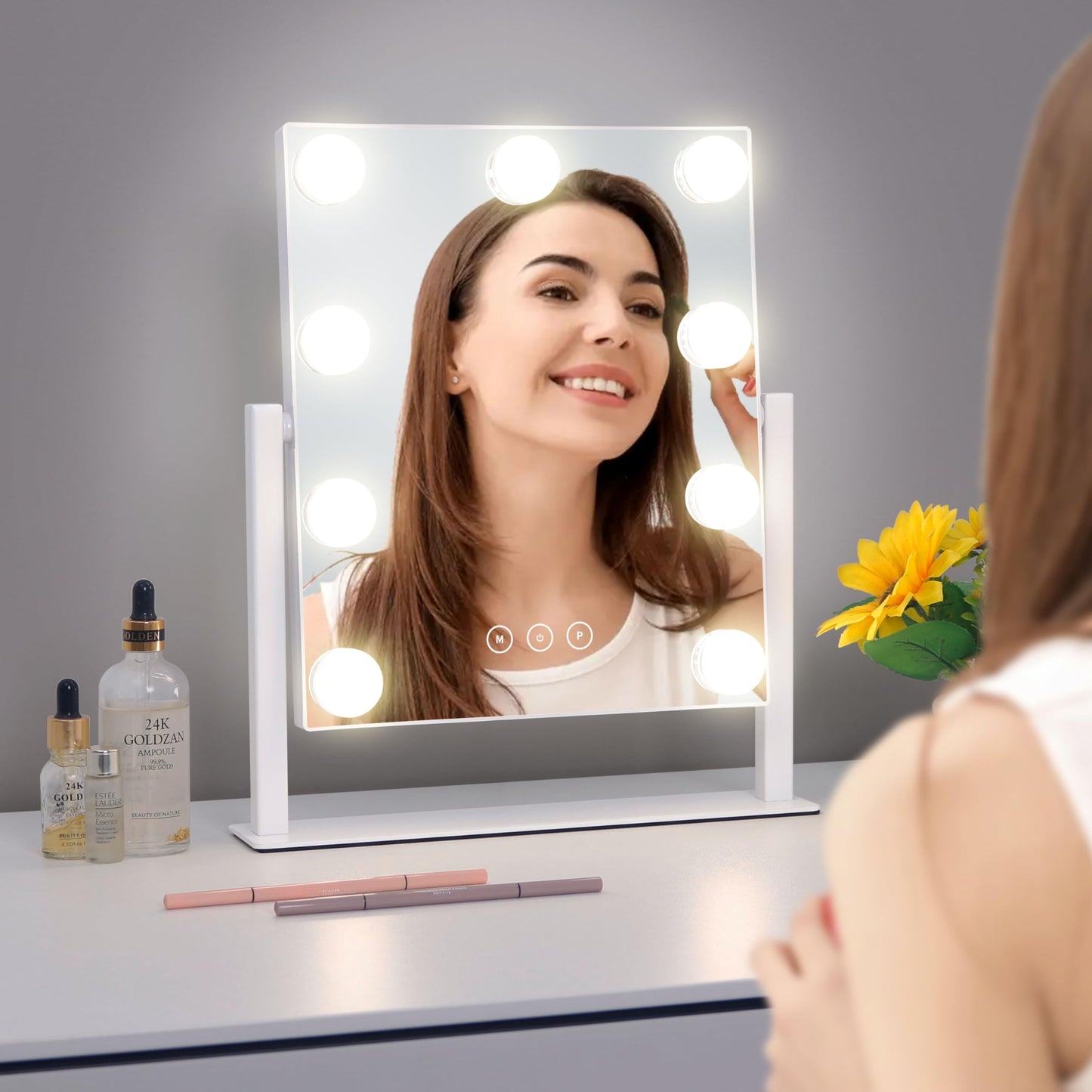 Acoolda Vanity Mirror with Lights, Hollywood Vanity Makeup Mirror with 9 Dimmable LED Bulbs, 3 Color Lighting Modes, Detachable 10X Magnification, 360°Rotation,White