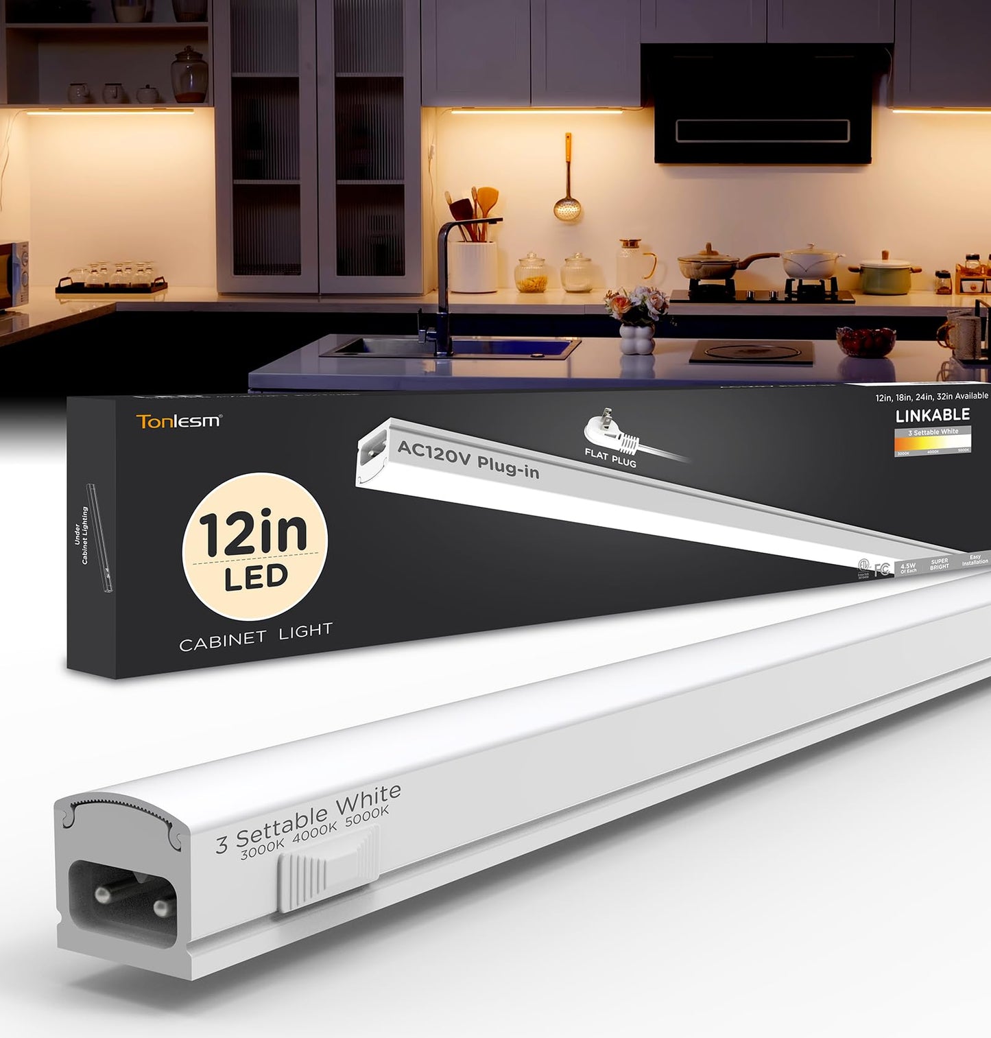 Under Cabinet Lighting Plug in 12in 1Pack AC120V 3CCT 3000/4000/5000K, Super Bright,Linkable Under Counter Lights for Kitchen, Ultra Slim LED Cabinet Light,ETL White