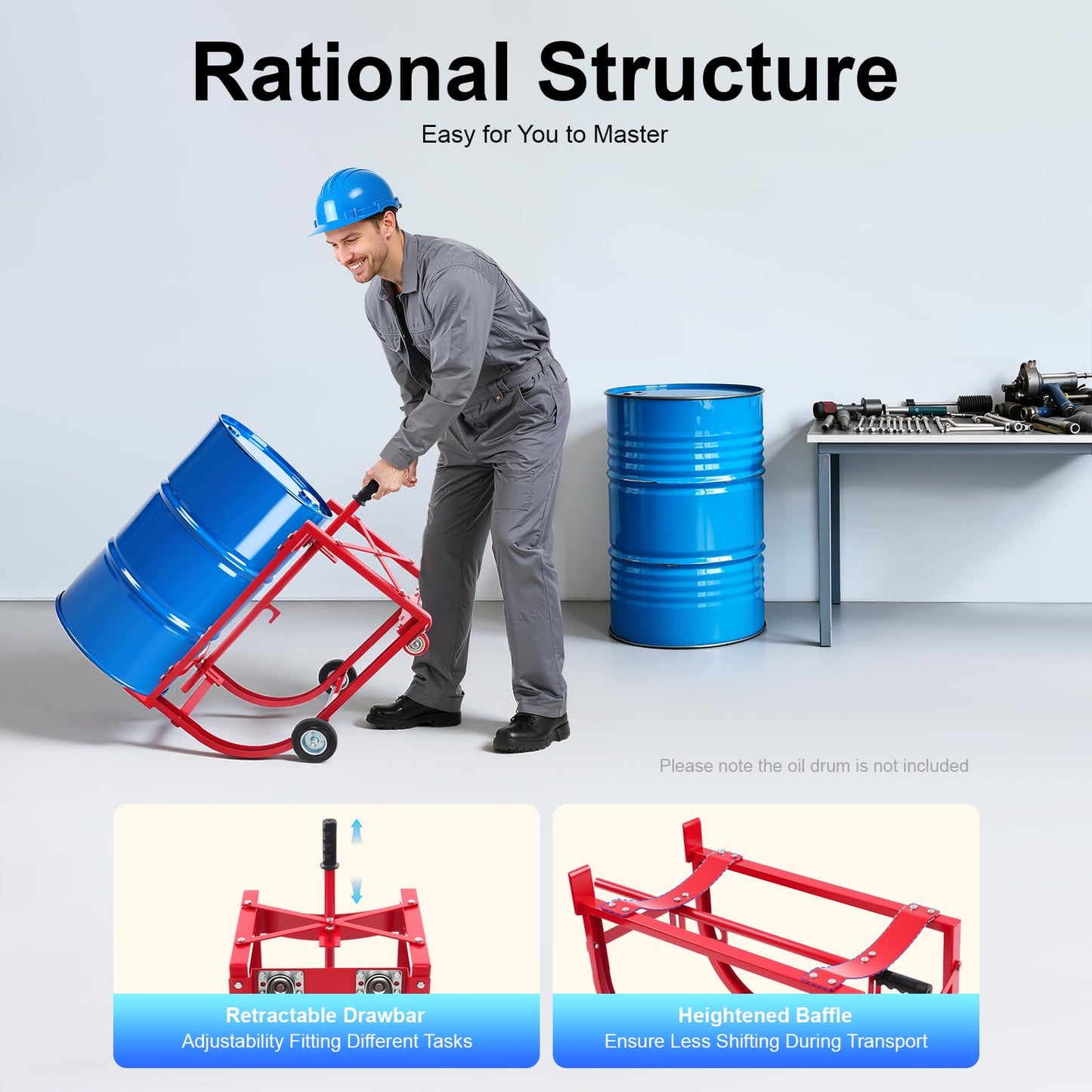 55 Gallon Drum Cradle, 600lbs Capacity Oil Drum Cart Rack with 4 Wheels and Retractable Drawbar, Steel Round Drum Handling Cradle for Workshops, Factories, Warehouses