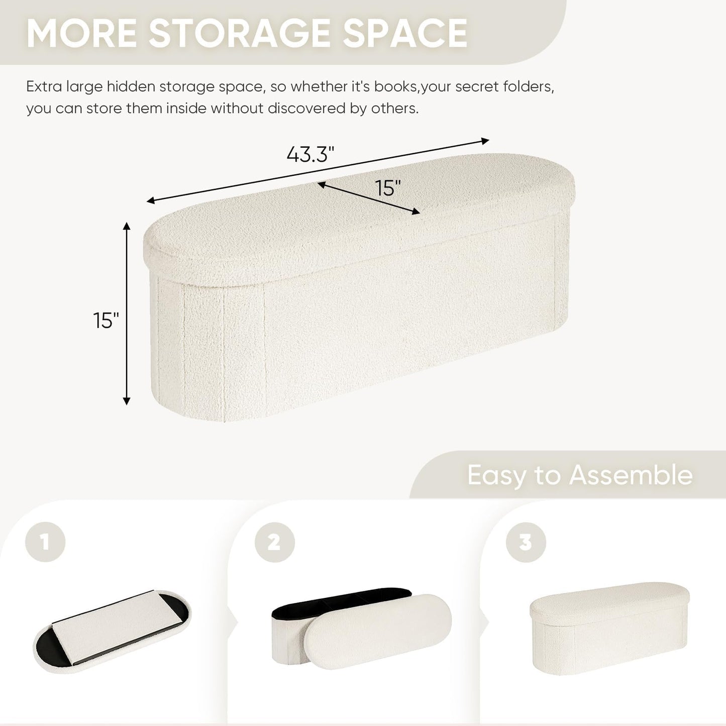 B FSOBEIIALEO Ottoman with Storage for Living Room, Sherpa Folding Storage Ottoman Foot Rest, 43.3 Inches Collapsible Bedroom Bench White